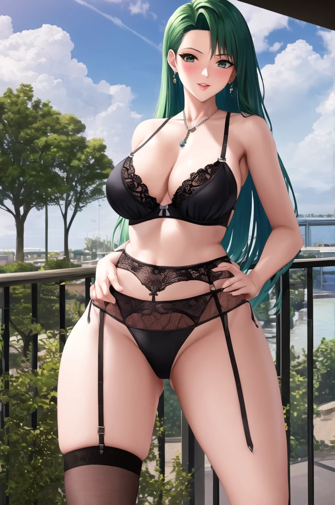 Yamashina Mizuho, masterpiece, best quality, a sexy mature woman in sexy lingerie leaning against a railing in a balcony, 1girl, solo, jewelry, thigh highs, lacy underwear, bra, panties, garter belt, stockings, looking at viewer, lips, outdoors,