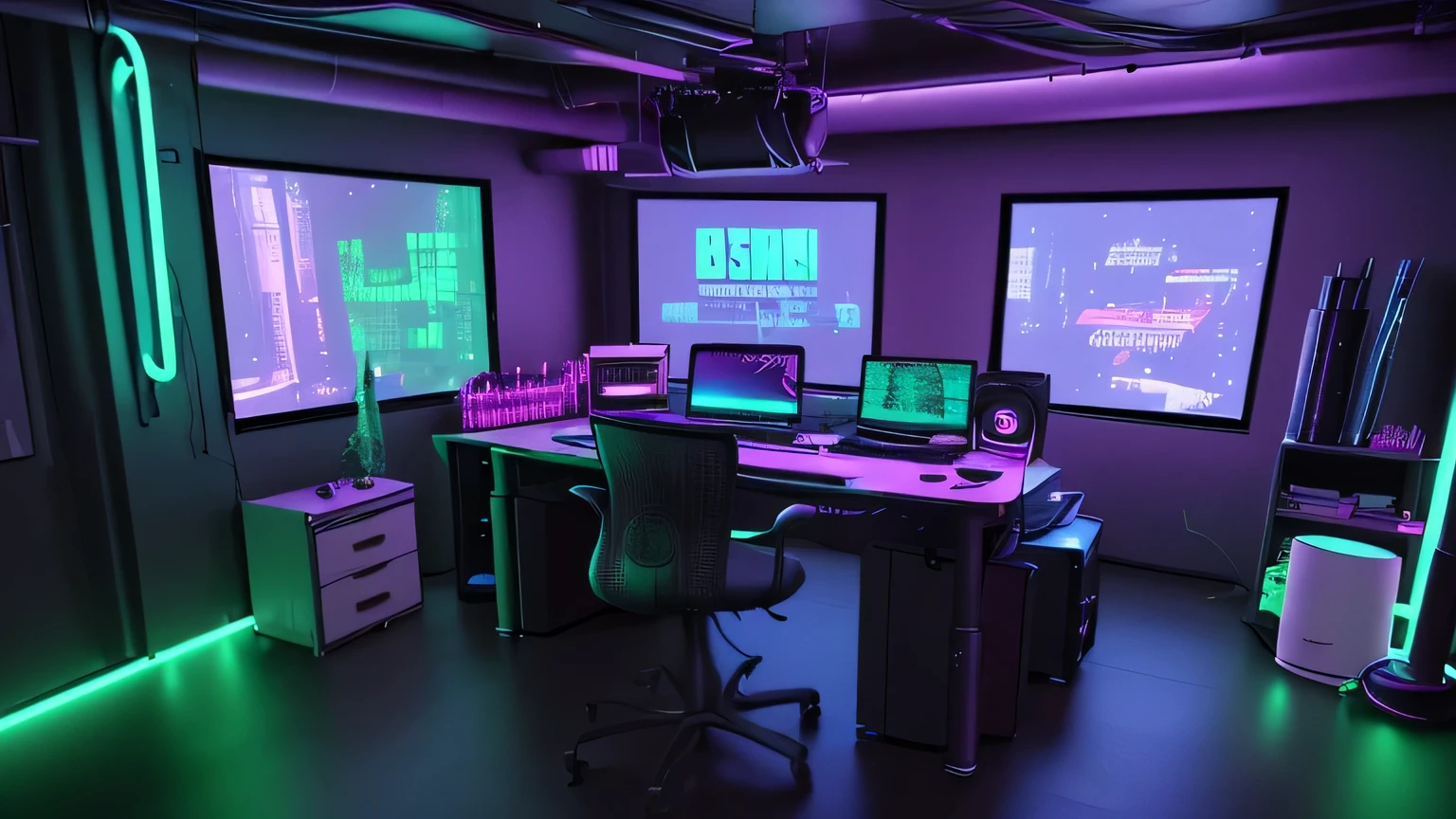 Realistic neon studio setup in the room，The room should have large windows，Cyberpunk Background，Front view，There is also a desk.