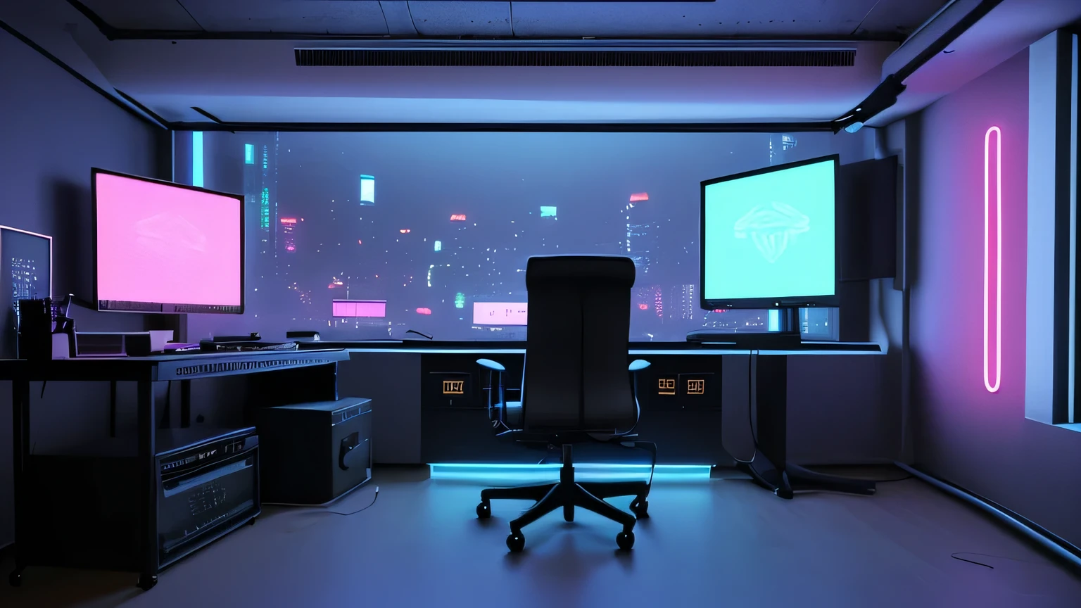 Realistic neon studio setup in the room，The room should have large windows，Cyberpunk Background，Front view，There is also a desk.