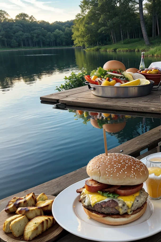 outdoor cooking,meats,eggs,big fish,hamburger,vegetable,soft drink,delicious,realistic,lake scene,grilling,barbecue,fresh ingredients,smoky aroma,summertime vibes,sizzling sounds,juicy steaks,crispy bacon,perfectly grilled sausages,tender chicken breasts,colorful vegetables,seasoned with herbs and spices,freshly cracked eggs,fried to perfection,giant fresh fish,flakey and flavorful,irresistible hamburger,piled high with toppings and cheese,refreshing soft drink,ice-cold and fizzy,sparkling lake water,reflecting the sunlight,tranquil and idyllic atmosphere,cozy picnic table and chairs,enjoying a feast in nature,inviting aroma wafting through the air,meticulous attention to detail,high-quality textures,vibrant colors,picture-perfect composition,realistic lighting capturing the ambiance,visually stunning masterpiece