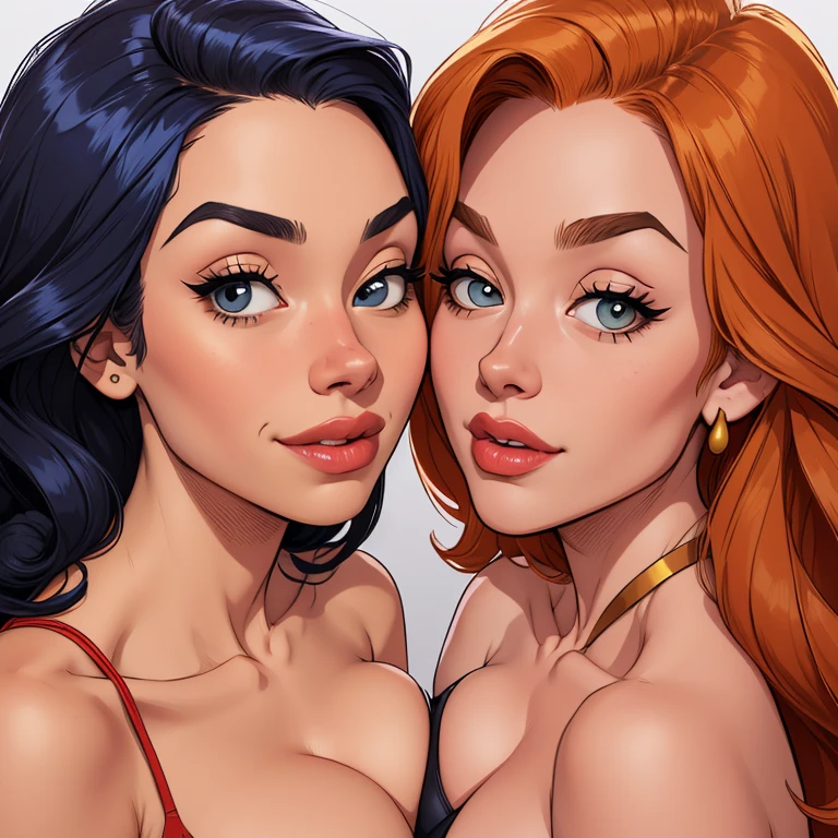 Beautiful portrait mode pose Cartoon character in dynamic pose two women together Jenna Ortega wandinha Adamms om 1,60cm on the left and together with a symmetrical body and beautiful breasts, corpo bem definido, delicado e sensual, estilo de desenho animado, digital illustration Jenna Ortega Wandinha Adams Portrait Mode 