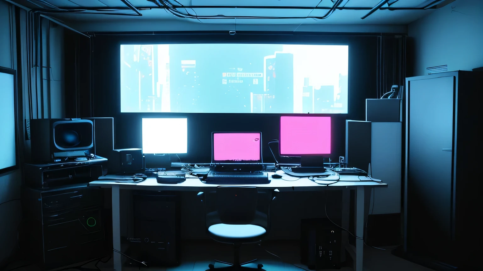 Realistic neon studio setup in the room，The room should have large windows，Cyberpunk Background，Front view，There is also a desk.