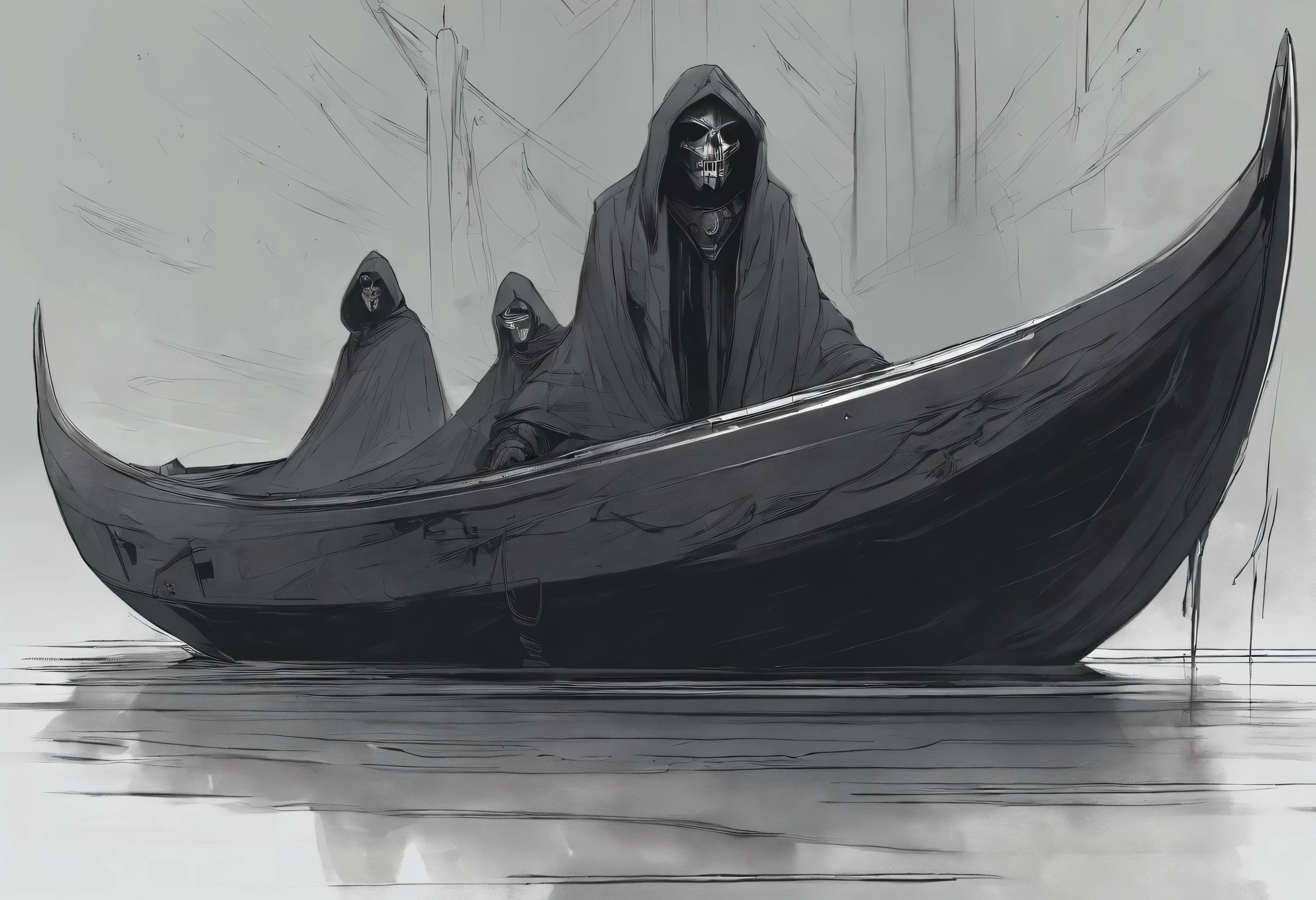2 human with cloak floating in dirty boat, dark background, cinematic angle, realistic texture, correct anatomy, perfect body shape, dynamic highlight and shadow, ultra detailling, 32K