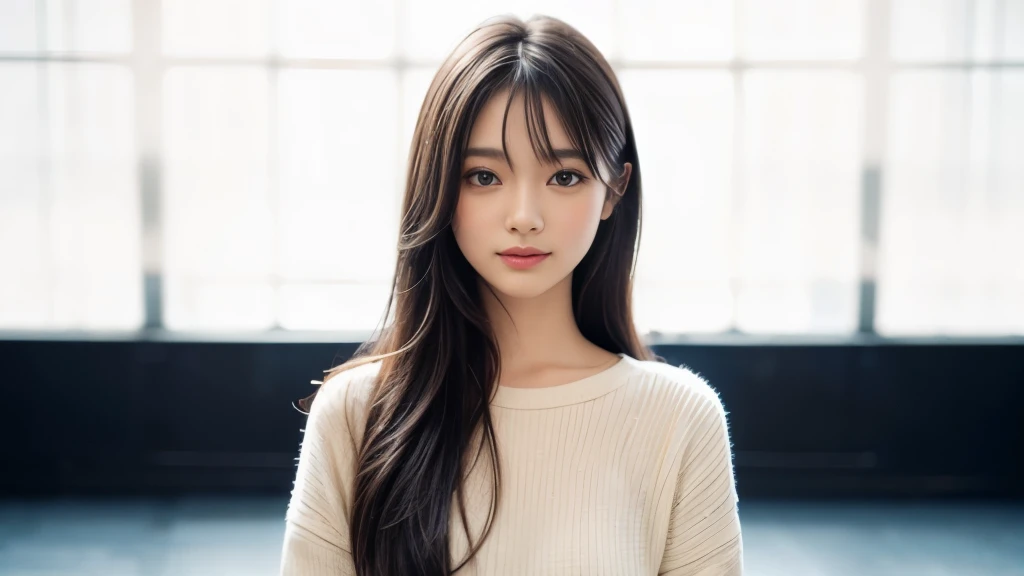 (Realistic: 1.4), (highest quality: 1.4), (Fine grain), Full body shot, ((Blur the background)), ((Watching the audience)), ((1 female college student)), Black wavy hair, ((Plain clothes with little exposure)), Wide eyes, Blushed face, ((smile)), ((White background)), Highly detailed face and skin texture, Healthy Skin, 8k resolution