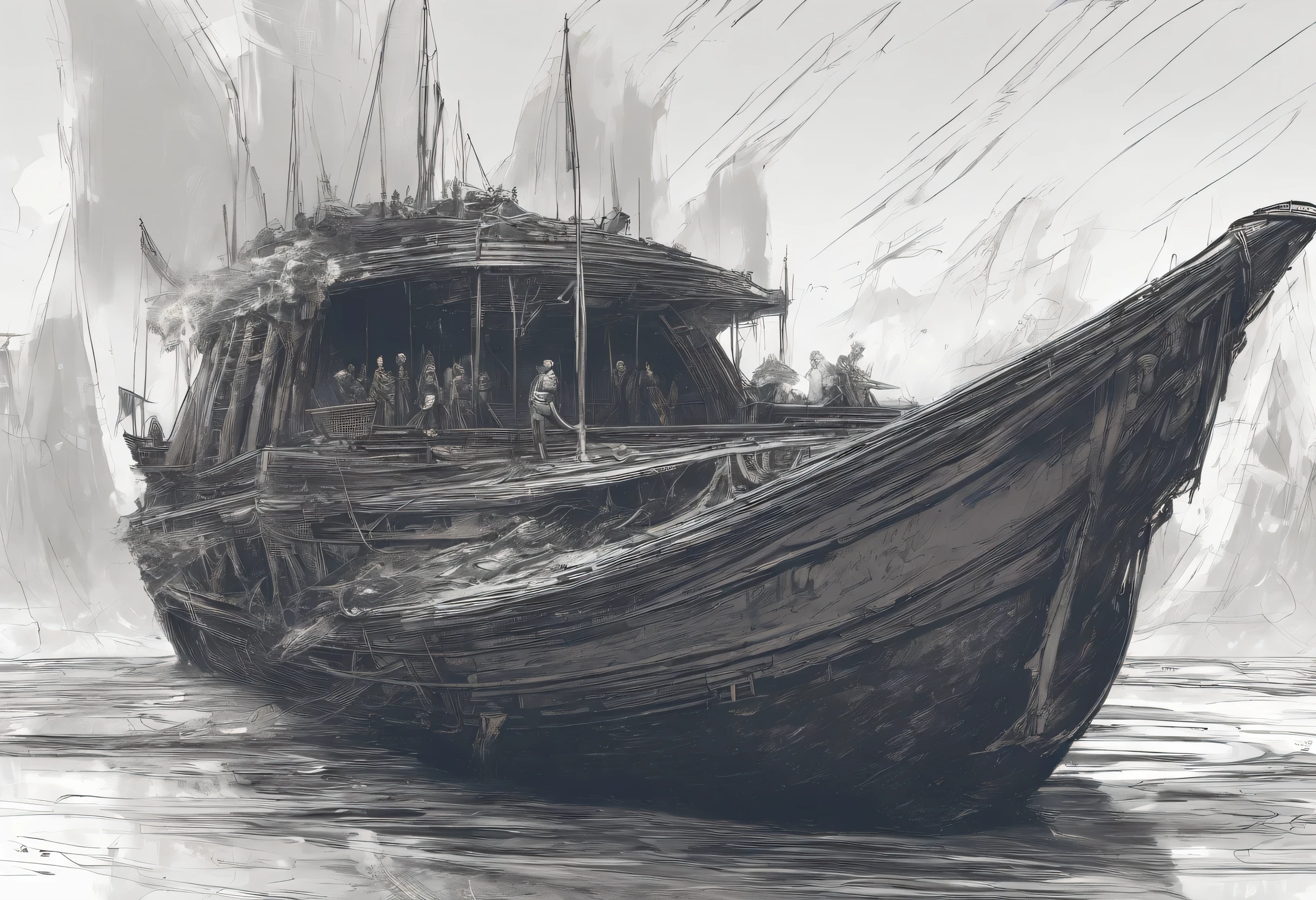 2 human with cloak floating in dirty boat, dark background, cinematic angle, realistic texture, correct anatomy, perfect body shape, dynamic highlight and shadow, ultra detailling, 32K
