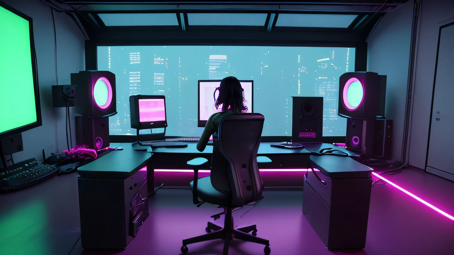 Realistic neon studio setup in the room,The room should have large windows,Cyberpunk Background,Front view,There is also a desk.