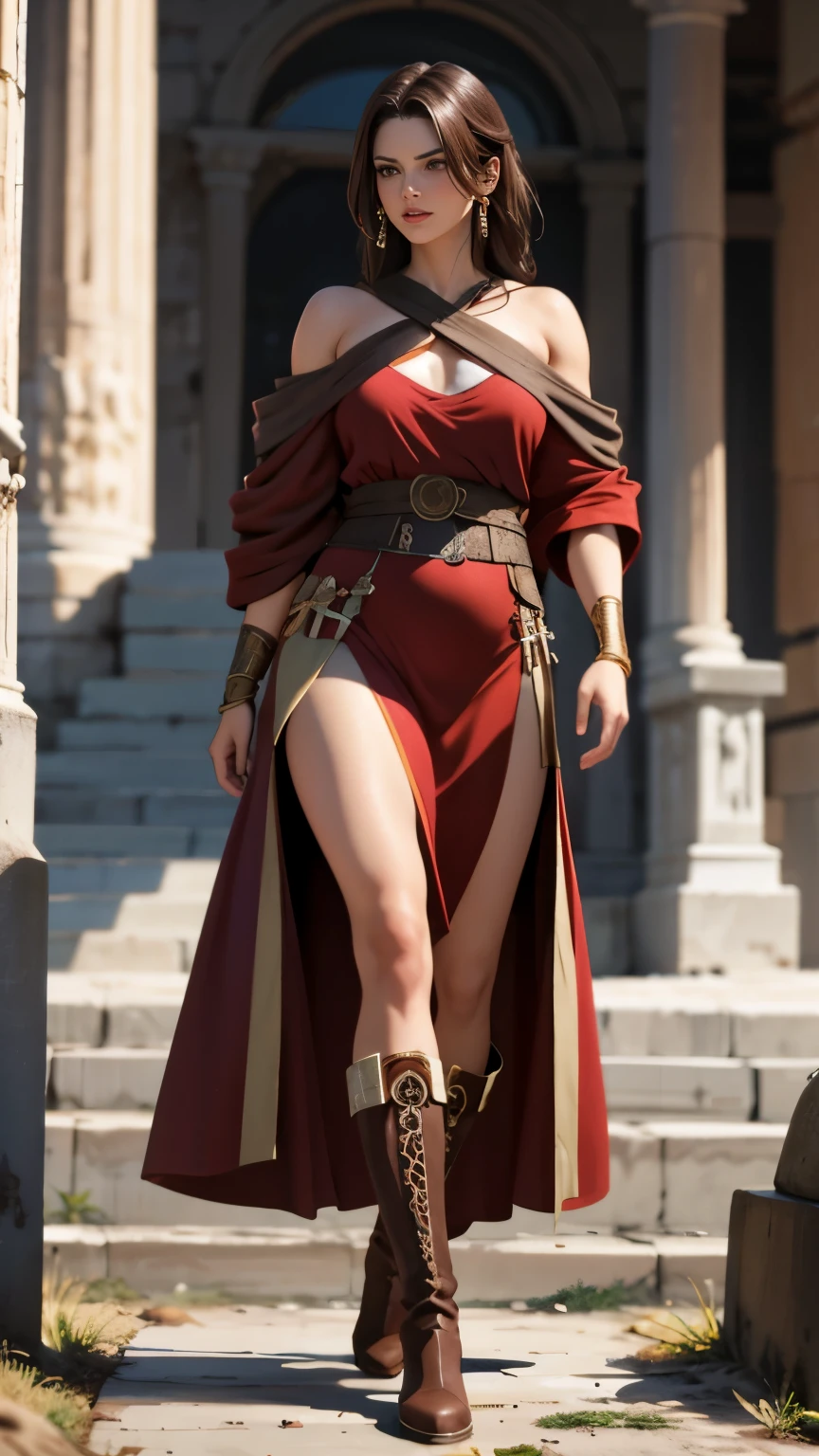 Adult women, muscular, Brown eyes, Shoulder-length brown hair, Wearing a tan ancient Greek robe with red details, Black high boots, outdoor,  8k, Unreal Engine, Very detailed, dramaticangle,, 