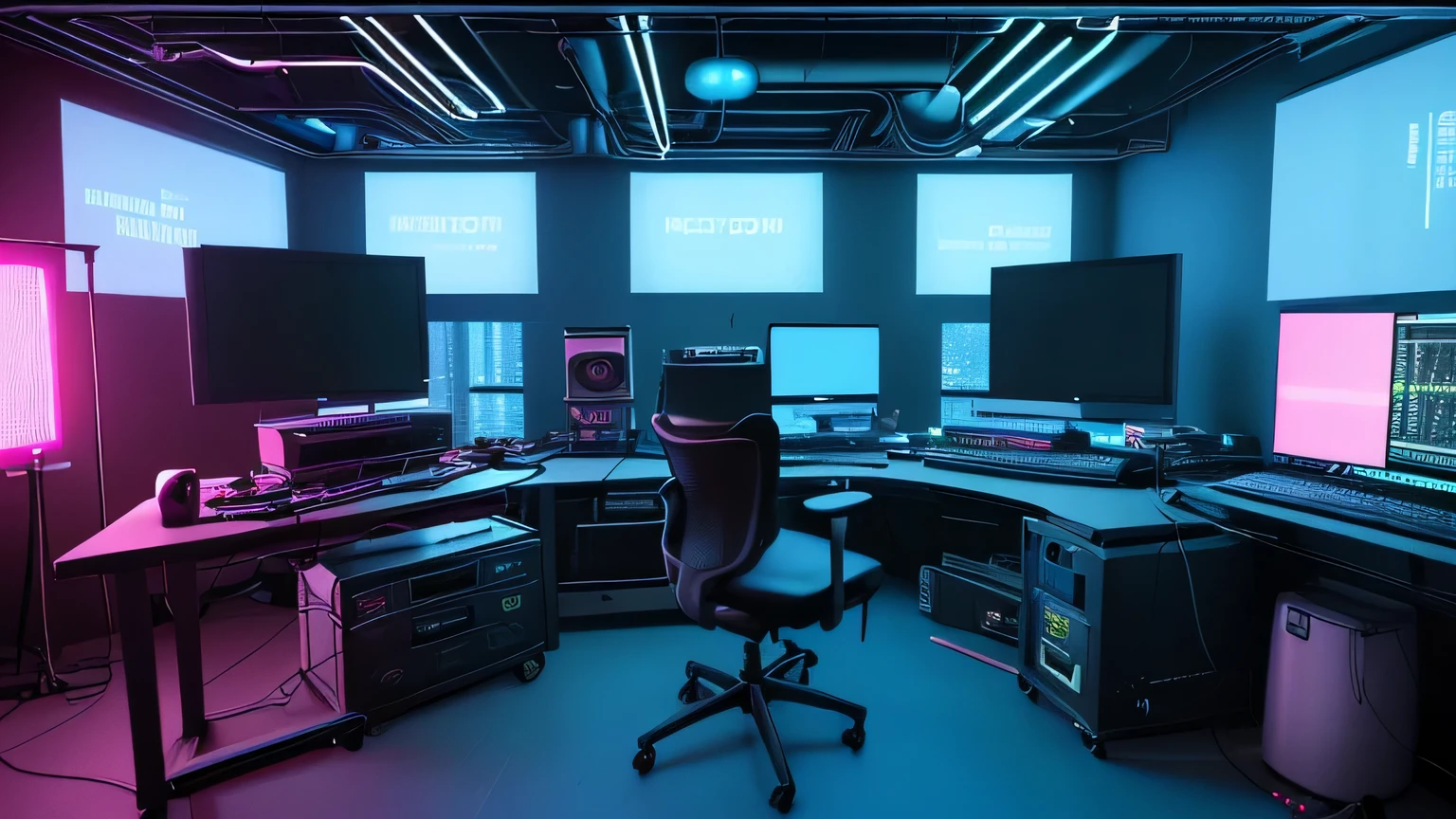 Realistic neon studio setup in the room,The room should have large windows,Cyberpunk Background,Front view,There is also a desk.