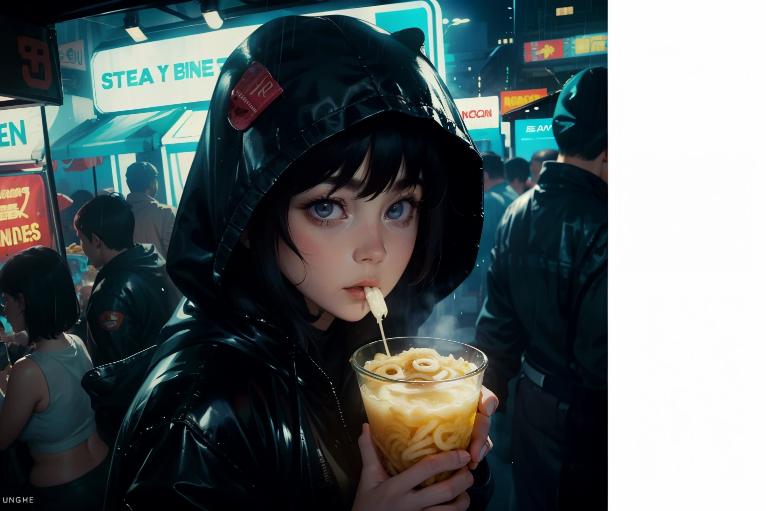 ((highest quality)), ((masterpiece)), (be familiar with), (High definition), (Accurate), (Realistic), (Cinematic), (Best Shadow), (Low contrast), (8K), Perfect Face, ((SYD MEAD style)), manga、mangaデザイン、Storyboard、Frame division、((A female Replicant eating a udon))、((Replicant, Black Hair, very short hair, Blue Eyes)), (Black hooded raincoat)、((Udonya food stall))、Glittering neon signs、congestion, congestion, Decadent Future City, NEO TOKYO, A.D.2051, (steam:1.2), It's raining white, evening, (Close-up of face)