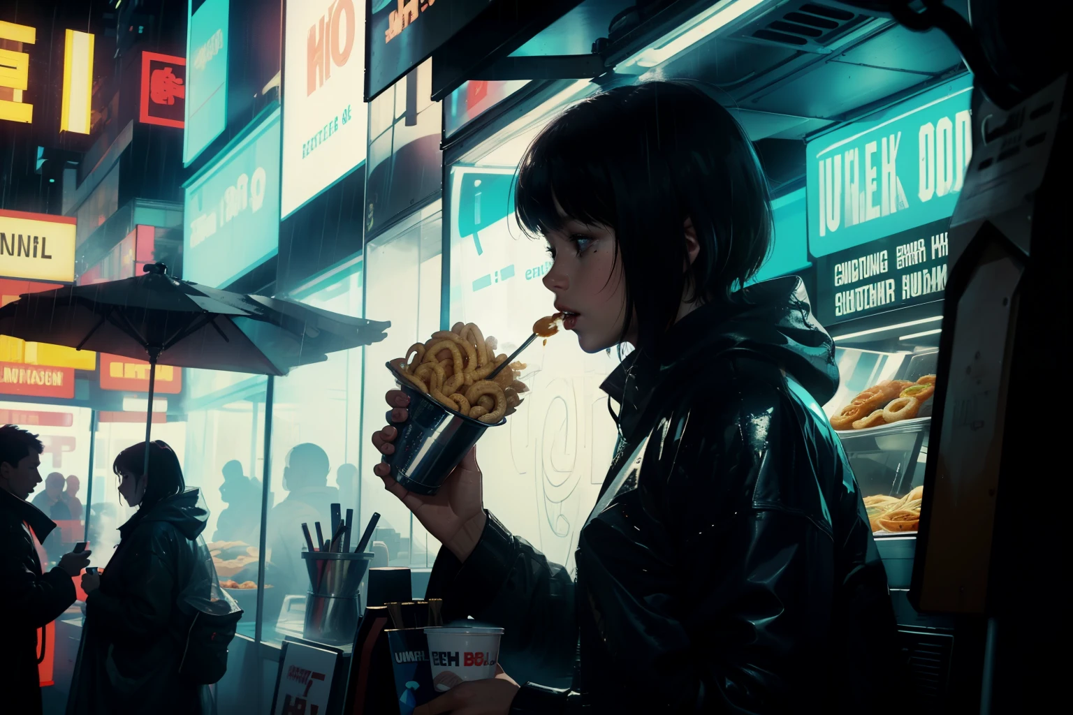 ((highest quality)), ((masterpiece)), (be familiar with), (High definition), (Accurate), (Realistic), (Cinematic), (Best Shadow), (Low contrast), (8K), Perfect Face, ((SYD MEAD style)), manga、mangaデザイン、Storyboard、Frame division、((A female Replicant eating a udon))、((Replicant, Black Hair, very short hair, Blue Eyes)), (Black hooded raincoat)、((Udonya food stall))、Glittering neon signs、congestion, congestion, Decadent Future City, NEO TOKYO, A.D.2051, (steam:1.2), It's raining white, evening, (Close-up of face)