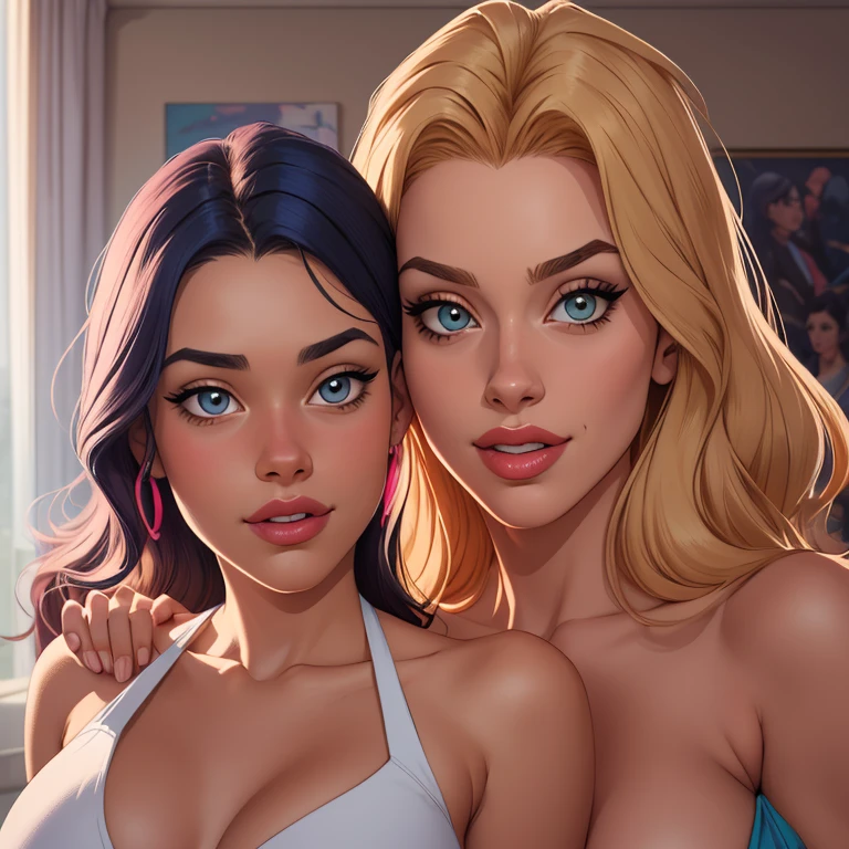 Beautiful portrait mode pose Cartoon character in dynamic pose two women together Jenna Ortega wandinha Adamms om 1,60cm on the left and together with a symmetrical body and beautiful breasts, corpo bem definido, delicado e sensual, estilo de desenho animado, digital illustration Jenna Ortega Wandinha Adams Portrait Mode 