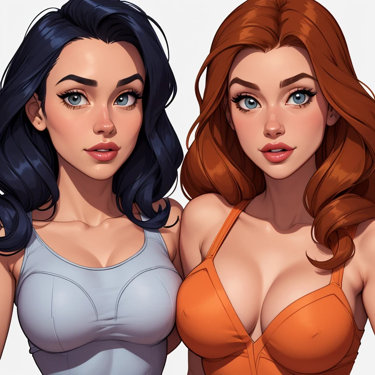 Beautiful portrait mode pose Cartoon character in dynamic pose two women together Jenna Ortega wandinha Adamms om 1,60cm on the left and together with a symmetrical body and beautiful breasts, corpo bem definido, delicado e sensual, estilo de desenho animado, digital illustration Jenna Ortega Wandinha Adams Portrait Mode