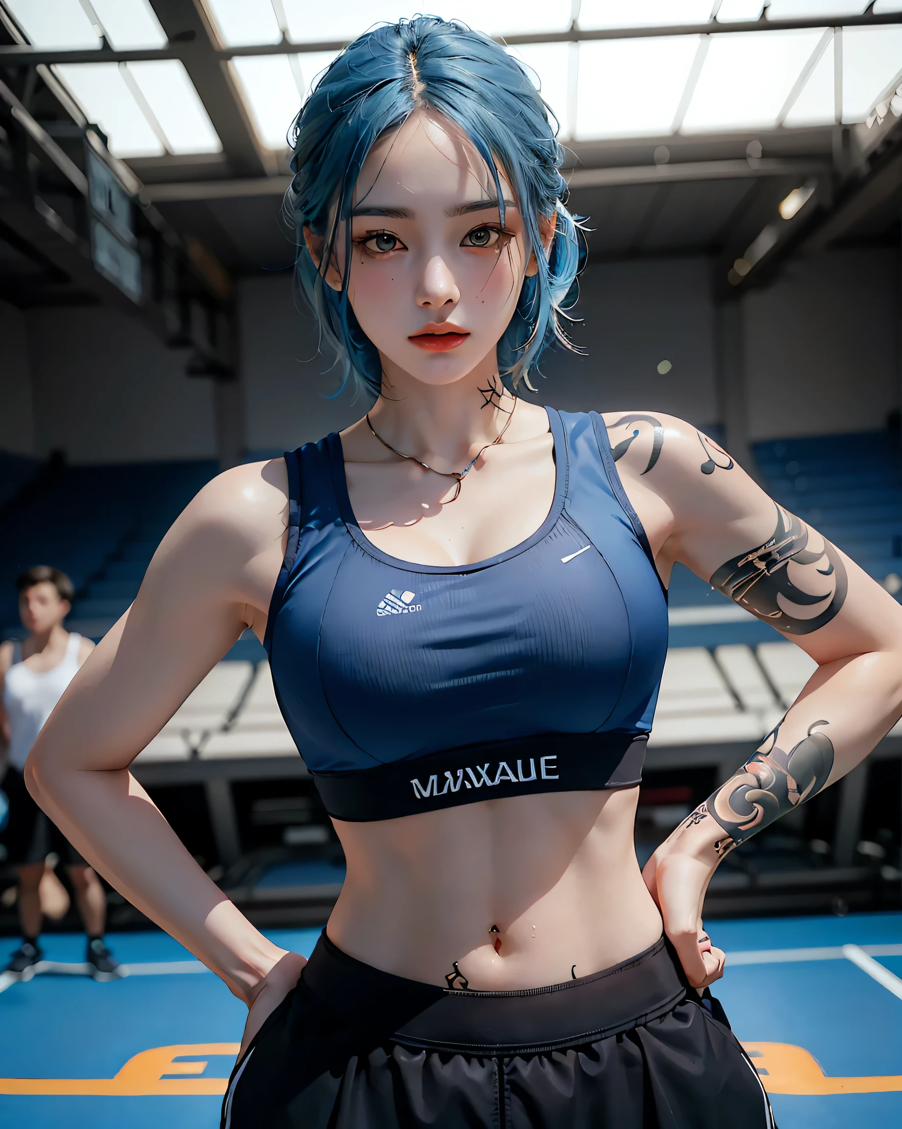 Perfect Style, Beautiful Face, Highly detailed face and skin texture, (Maximum resolution: 1.2), 1 female, alone, Hip Up, jewelry, (((He has many tattoos all over his body)), Blue Hair, (((sports bra underwear))), , (((Tight waist))), ((Big Breasts))