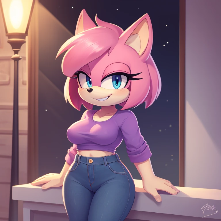 mom tenrec mobian, female mobian, purple shirt, highwasted jeans, mom jeans, royal pink hair, bob cut hair, royal pink fur, (mom body), medium breasts, royal blue eyes, mom, cute smile, outline, Intricate Details, Masterpiece, Best Quality, High Quality, Studio Quality, Best Detail, Perfect Detail, Refine Detail.