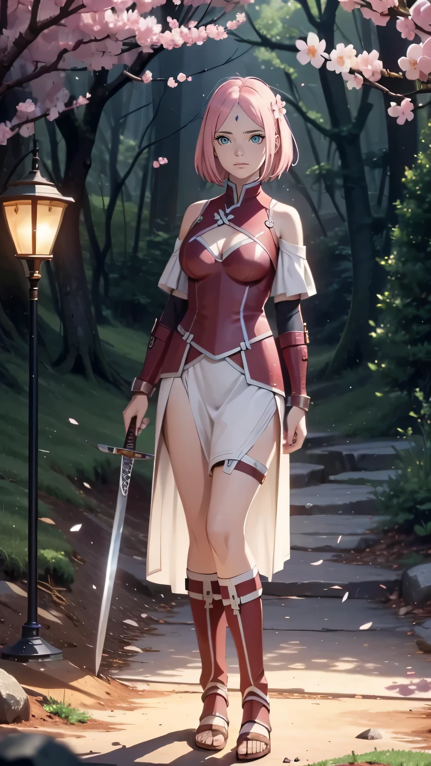 full body,wearing armor,warrior armor, ancient armor, sword, armor boots, Cherry blossom trees, cherry blossom petals, lavender field, masterpiece, (high detail:1 1), Rough face, Natural skin, high quality, Naruto Sakura,Pink hair, short detailed hair,Green eyes,(Big breasts:1.2 ),( smile:1.2),Face blush,(cleavage:1.4),Sexy figure, perfect bodies, beautiful eyes, (Detailed face and eyes), (face: 1 2), voices, Extra, real photo, ... ... ........... PSD, Lamp film photography, sharp focus, contrast lighting, Delicate skin, High definition 8K, incredible details, realistic, professional photo shooting, 8K UHD, SLR camera, soft lighting , high high quality, film grain, Fujifilm XT3, magic, particle FX, full body