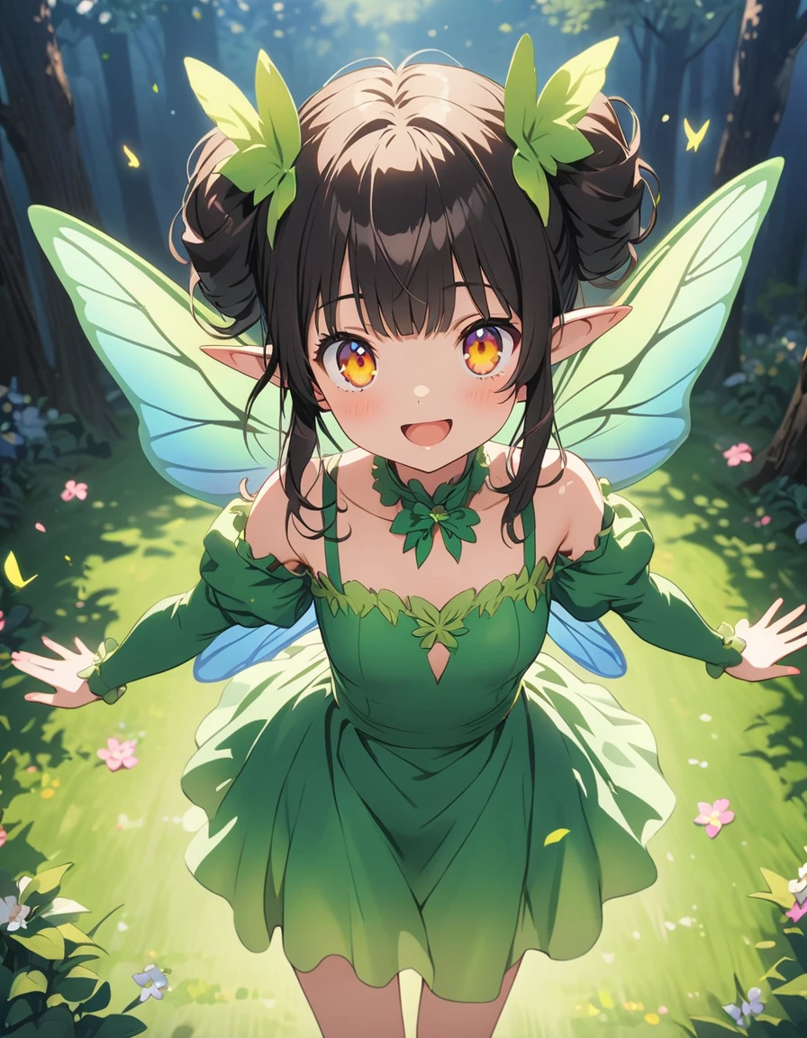 Anime girl in green and black costume on wings and green background, pixie character, fairy, forest fairy, insect trainer girl, brunette elf with fairy wings, pixie, cute 3d anime girl rendering, April rendering, fairy dance, open legs 、(highest quality、masterpiece、High resolution、detailed)、animeスタイル、Flat Style、(Shining Eyes、detailed美しい顔), BREAK,extremely detailed(The Shining), Best lighting, Best Shadow、High saturation、Fantasy World、fly in the sky、Dynamic Angle、anime