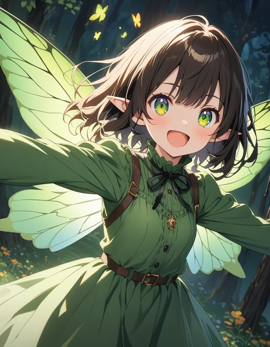 Anime girl in green and black costume on wings and green background, pixie character, fairy, forest fairy, insect trainer girl, brunette elf with fairy wings, pixie, cute 3d anime girl rendering, April rendering, fairy dance, open legs 、(highest quality、masterpiece、High resolution、detailed)、animeスタイル、Flat Style、(Shining Eyes、detailed美しい顔), BREAK,extremely detailed(The Shining), Best lighting, Best Shadow、High saturation、Fantasy World、fly in the sky、Dynamic Angle、anime