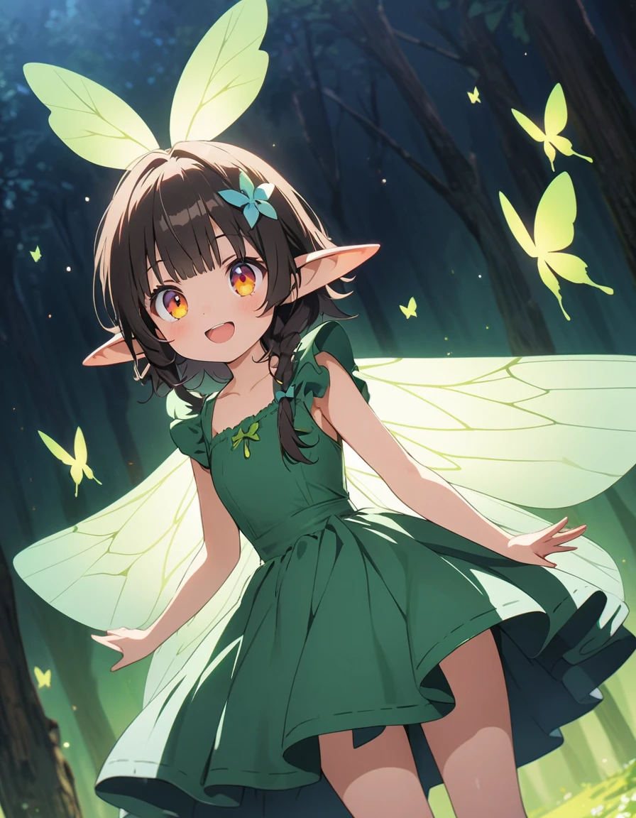 Anime girl in green and black costume on wings and green background, pixie character, fairy, forest fairy, insect trainer girl, brunette elf with fairy wings, pixie, cute 3d anime girl rendering, April rendering, fairy dance, open legs  、(highest quality、masterpiece、High resolution、detailed)、animeスタイル、Flat Style、(Shining Eyes、detailed美しい顔),  BREAK,extremely detailed(The Shining), Best lighting, Best Shadow、High saturation、Fantasy World、fly in the sky、Dynamic Angle、anime