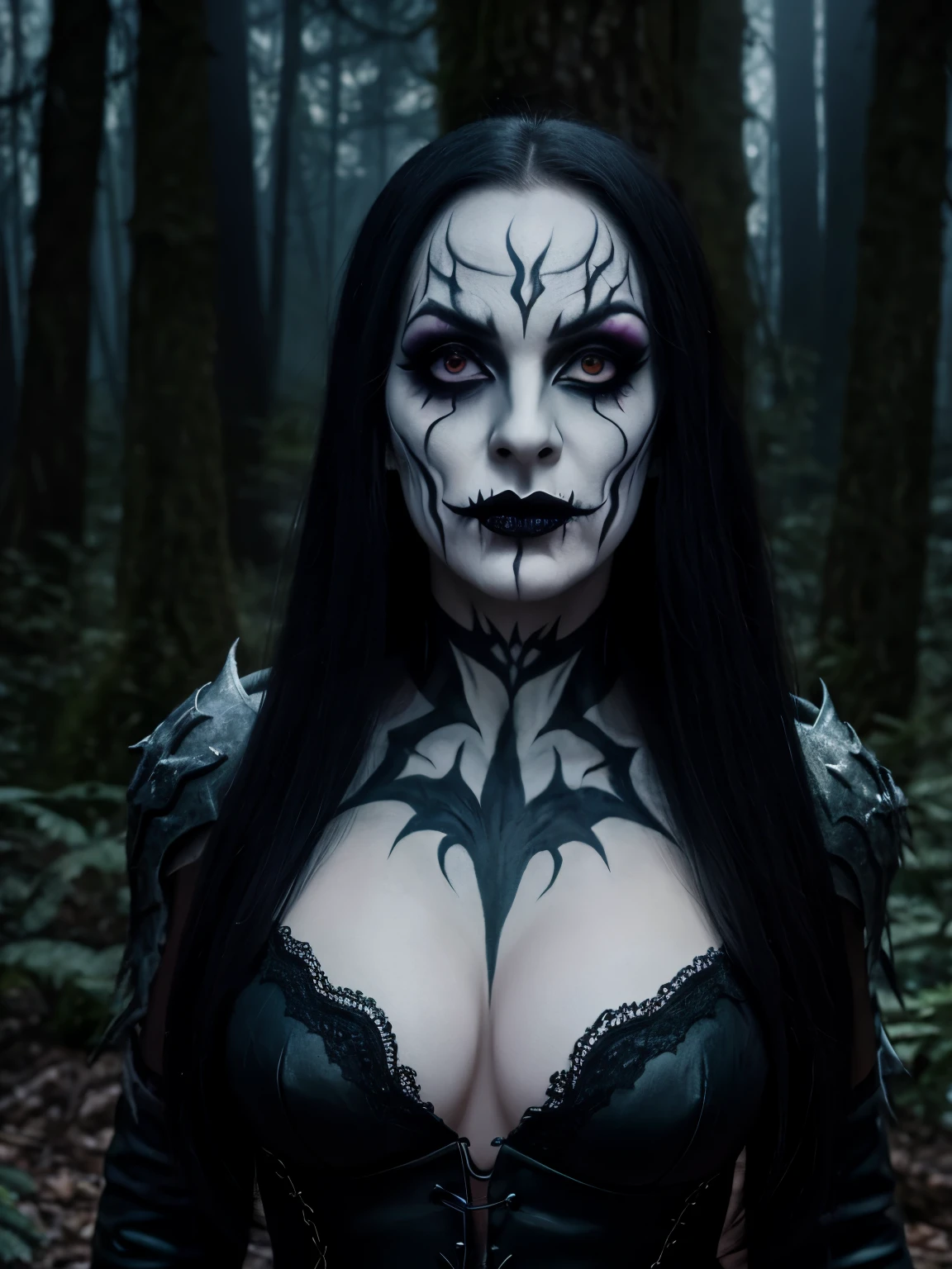 (masterpiece, best quality:1.2),  solo, highres, best quality, Half body shot of a pale white skin woman with (((black metal make-up))) in a dark forest, forest at night, horror movie. high details, super detail, textured skin, masterpiece, UHD, 4K, 8k. ((Cinematic lighting)).