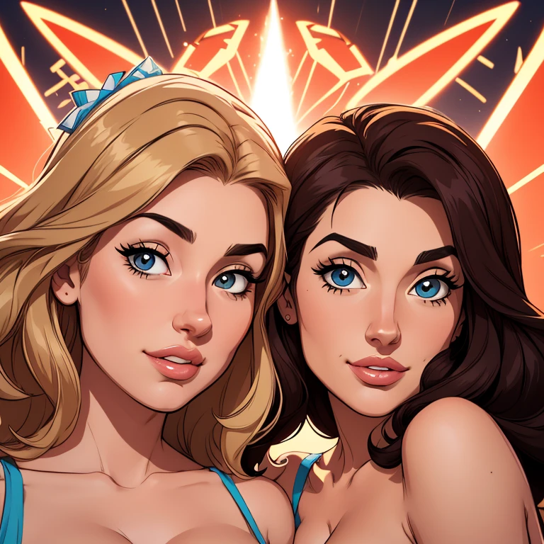 Beautiful portrait mode pose Cartoon character in dynamic pose two women together Larissa Manoela s om 1,60cm on the left and together with a symmetrical body and beautiful breasts, corpo bem definido, delicado e sensual, estilo de desenho animado, digital illustration Penelope Cruz Portrait Mode