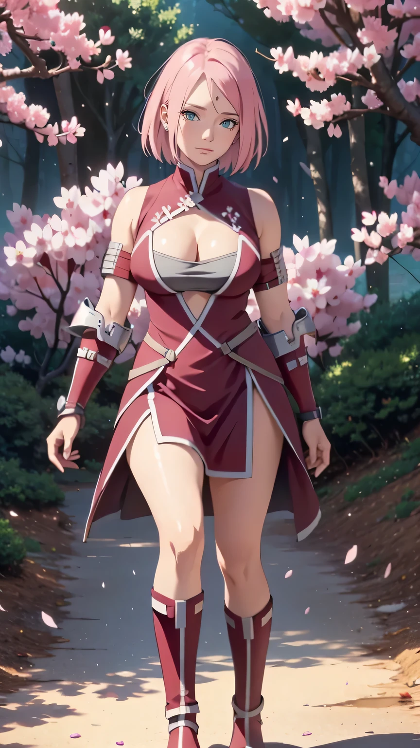 full body,wearing armor,warrior armor, ancient armor, sword, armor boots, Cherry blossom trees, cherry blossom petals, lavender field, masterpiece, (high detail:1 1), Rough face, Natural skin, high quality, Naruto Sakura,Pink hair, short detailed hair,Green eyes,(Big breasts:1.2 ),( smile:1.2),Face blush,(cleavage:1.4),Sexy figure, perfect bodies, beautiful eyes, (Detailed face and eyes), (face: 1 2), voices, Extra, real photo, ... ... ........... PSD, Lamp film photography, sharp focus, contrast lighting, Delicate skin, High definition 8K, incredible details, realistic, professional photo shooting, 8K UHD, SLR camera, soft lighting , high high quality, film grain, Fujifilm XT3, magic, particle FX, full body, night