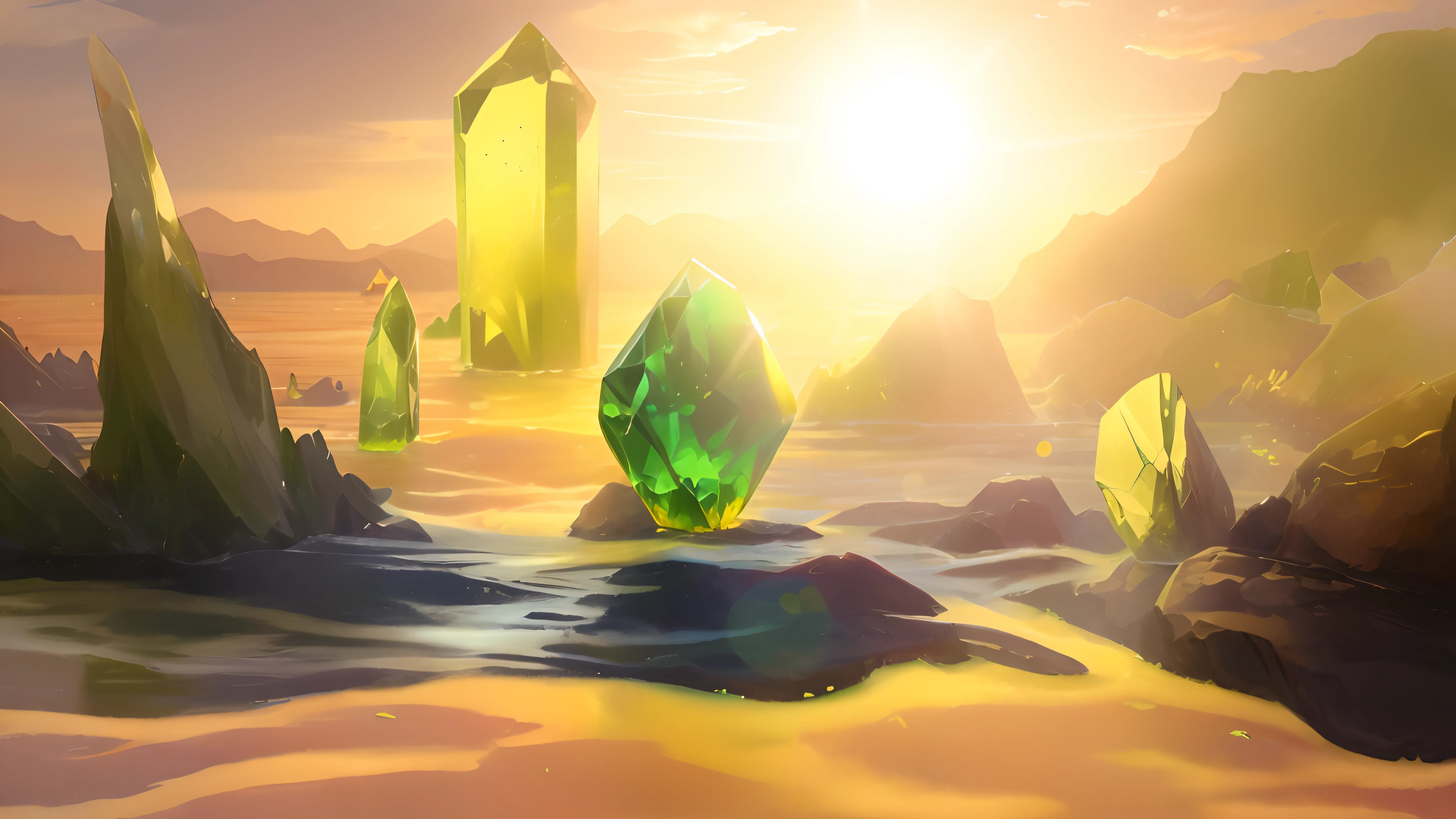 masterpiece, best quality, Very fine yellow and green crystals floating on blue water, Yellow big bright sun bright, cloud