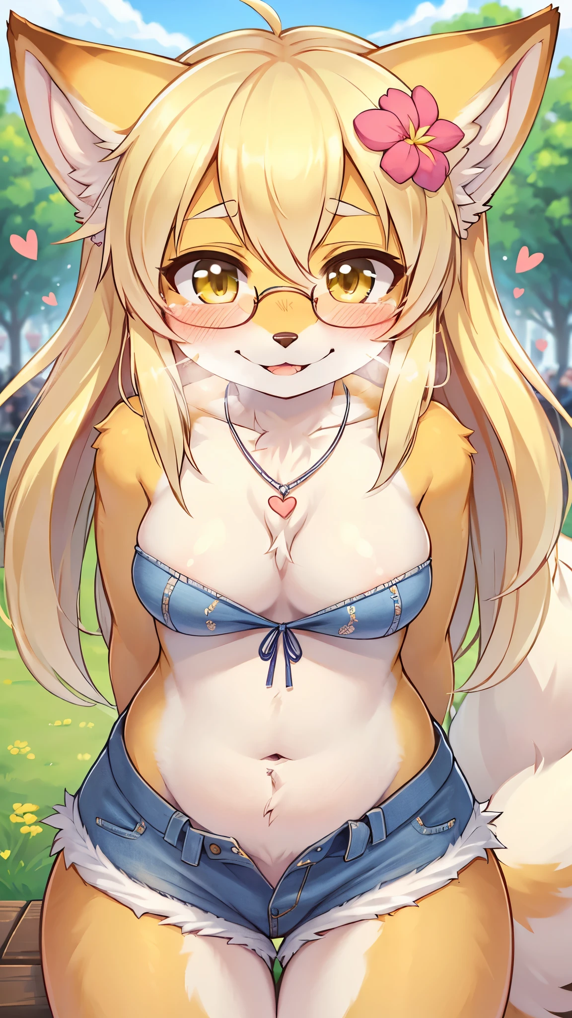 best quality,best resolution,(fluffy anthro furry :1.6),light yellow fox girl,small breasts,light yellow hair,long hair,wavy hair,light yellow fur,glasses,heart necklaces,white strapless with flower embroidery,denim shorts,beautiful public park,looking at viewer,full face blush,horny face,smile,heart eyes,heart expression eyes,upper body only,front view,sexy eyes,open belly,front view,upper body only,face to face,close up,solo,zoomin face,heavy breath,very close eyes