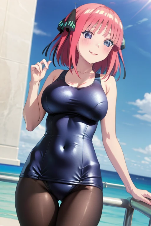 best quality, ultra-detailed masterpiece, anime art style, cute characters, nino nakano, one-piece swimsuit, large breasts, pantyhose, blush, smile