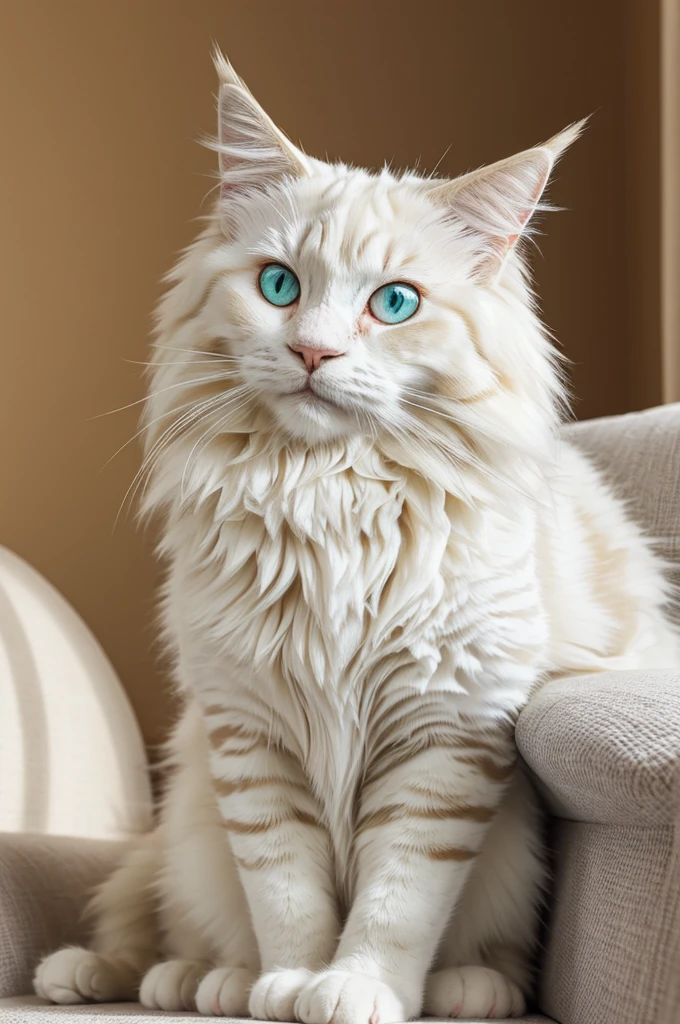 masterpiece, best quality, high quality, big, white, fluffy, cat, heterochromia, one eye blue other yellow, maine coon, long fur, ear tufts, elegant, soft lighting, sitting on couch