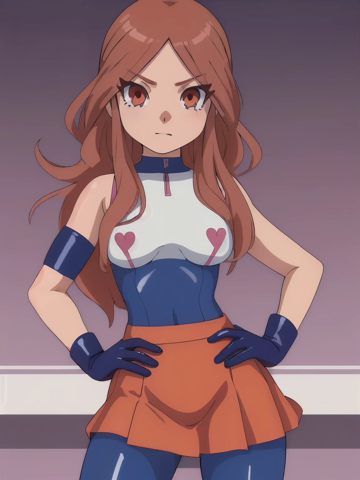 nelly(inazuma_eleven),(best quality:1.1),(ultra detailed:1.1),(detailed eyes:1.1),)sboob gib(solo,looking at viewer,sexy,nelly(inazuma_eleven),medium breast,blue leggins,Latex skirt,hand on hips,sexy,big ,senos grandes