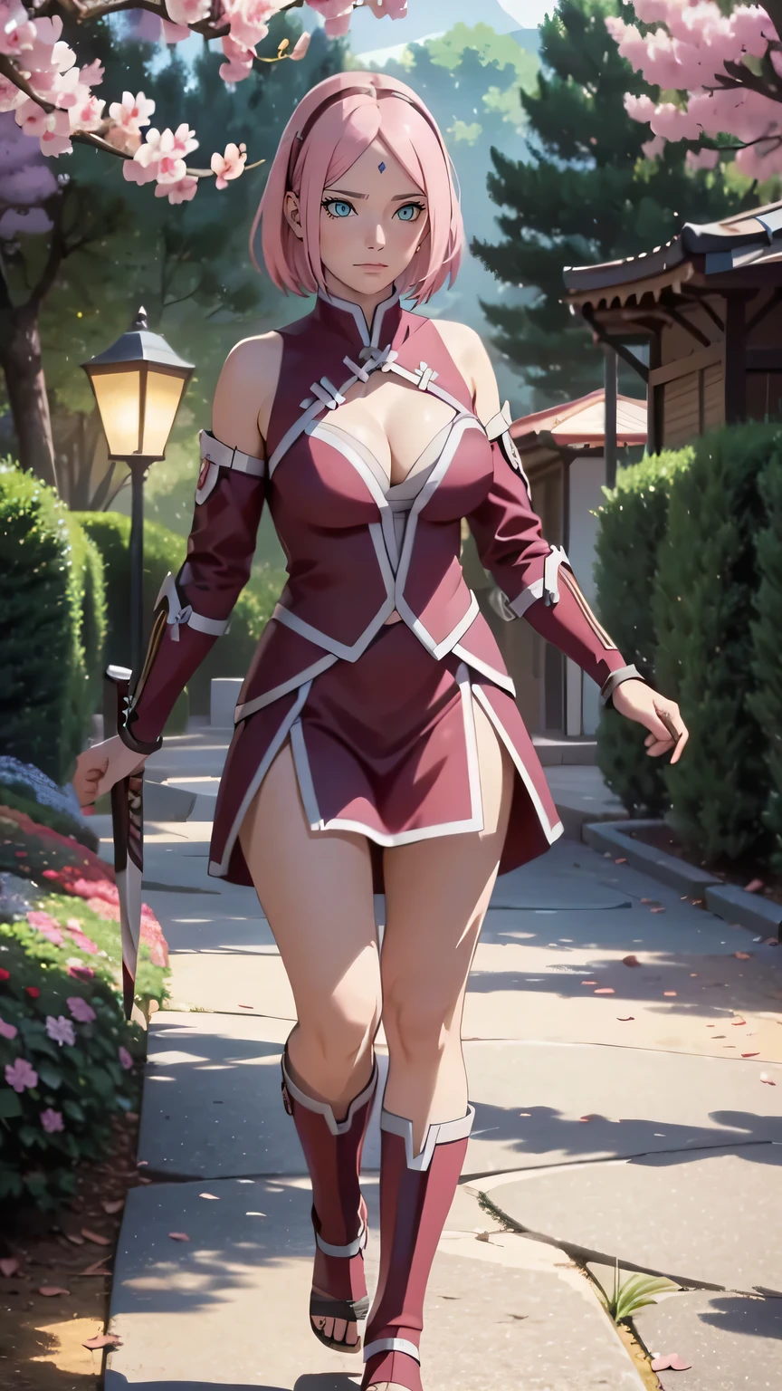 full body,wearing armor,warrior armor, ancient armor, sword, armor boots, Cherry blossom trees, cherry blossom petals, lavender field, masterpiece, (high detail:1 1), Rough face, Natural skin, high quality, Naruto Sakura，Pink hair, short detailed hair，Green eyes，（Big breasts:1.2 ），( smile:1.2），Face blush，（cleavage:1.4），Sexy figure, perfect bodies, beautiful eyes, (Detailed face and eyes), (face: 1 2), voices, Extra, real photo, ... ... ........... PSD, Lamp film photography, sharp focus, contrast lighting, Delicate skin, High definition 8K, incredible details, realistic, professional photo shooting, 8K UHD, SLR camera, soft lighting , high high quality, film grain, Fujifilm XT3, magic, particle FX, full body