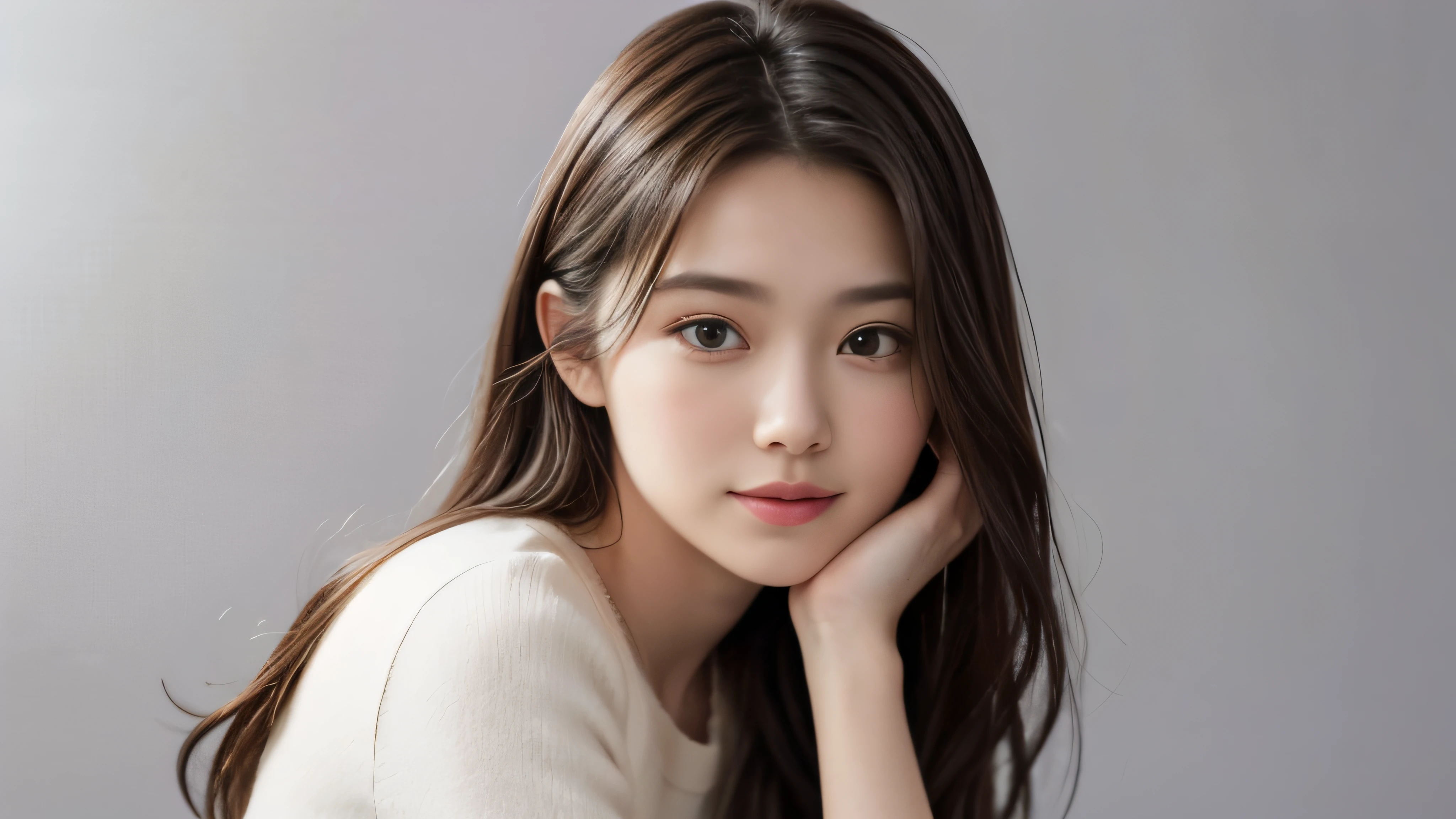 (Realistic: 1.4), (highest quality: 1.4), (Fine grain), Full body shot, ((Blur the background)), ((Watching the audience)), ((1 female college student)), Black wavy hair, ((Plain clothes with little exposure)), Wide eyes, Blushed face, ((smile)), ((White background)), Highly detailed face and skin texture, Healthy Skin, 8k resolution