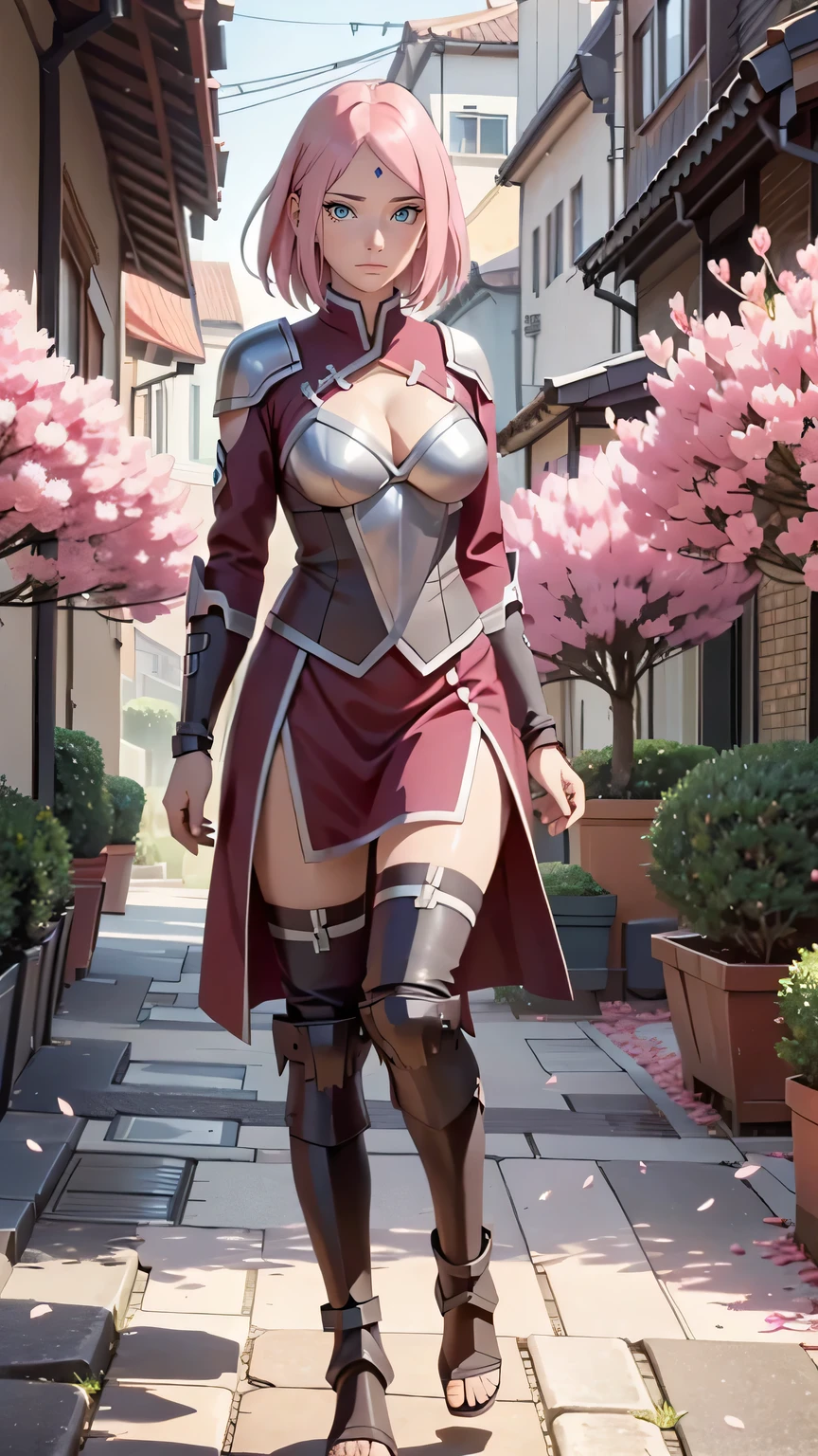 full body,wearing armor,warrior armor, ancient armor, sword, armor boots, Cherry blossom trees, cherry blossom petals, lavender field, masterpiece, (high detail:1 1), Rough face, Natural skin, high quality, Naruto Sakura，Pink hair, short detailed hair，Green eyes，（Big breasts:1.2 ），( smile:1.2），Face blush，（cleavage:1.4），Sexy figure, perfect bodies, beautiful eyes, (Detailed face and eyes), (face: 1 2), voices, Extra, real photo, ... ... ........... PSD, Lamp film photography, sharp focus, contrast lighting, Delicate skin, High definition 8K, incredible details, realistic, professional photo shooting, 8K UHD, SLR camera, soft lighting , high high quality, film grain, Fujifilm XT3, magic, particle FX, full body