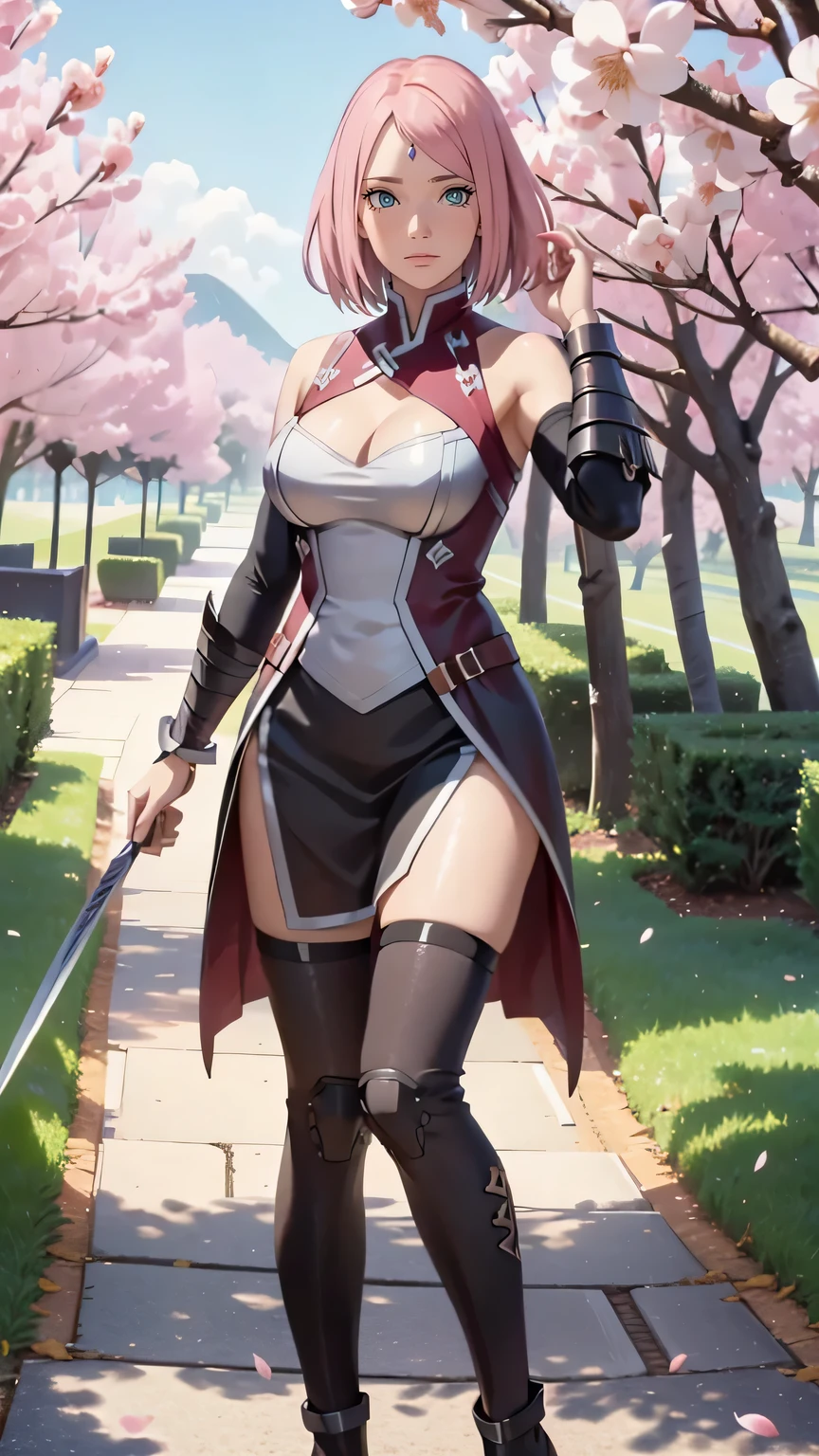 full body,wearing armor,warrior armor, ancient armor, sword, armor boots, Cherry blossom trees, cherry blossom petals, lavender field, masterpiece, (high detail:1 1), Rough face, Natural skin, high quality, Naruto Sakura，Pink hair, short detailed hair，Green eyes，（Big breasts:1.2 ），( smile:1.2），Face blush，（cleavage:1.4），Sexy figure, perfect bodies, beautiful eyes, (Detailed face and eyes), (face: 1 2), voices, Extra, real photo, ... ... ........... PSD, Lamp film photography, sharp focus, contrast lighting, Delicate skin, High definition 8K, incredible details, realistic, professional photo shooting, 8K UHD, SLR camera, soft lighting , high high quality, film grain, Fujifilm XT3, magic, particle FX, full body