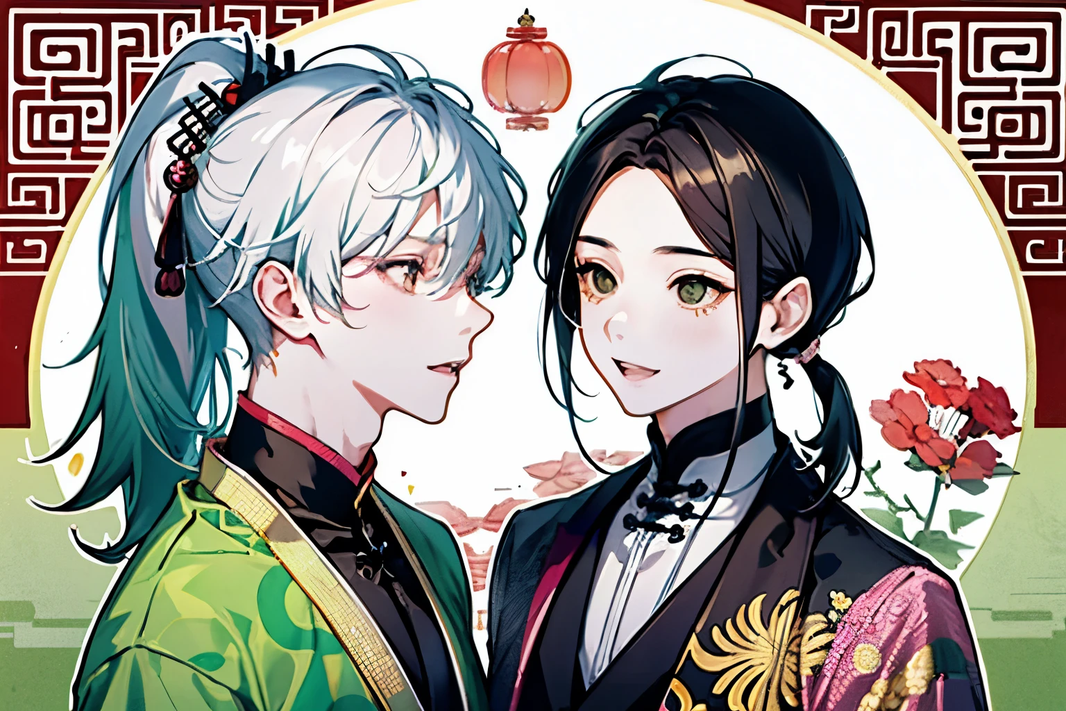 ((Two Boys)),Kaminarimon pattern background,(Chinese cuisine),(During meals),smile,looks fun,Black Hair,(Long side ponytail:1.3),Pink, white, yellow and light green