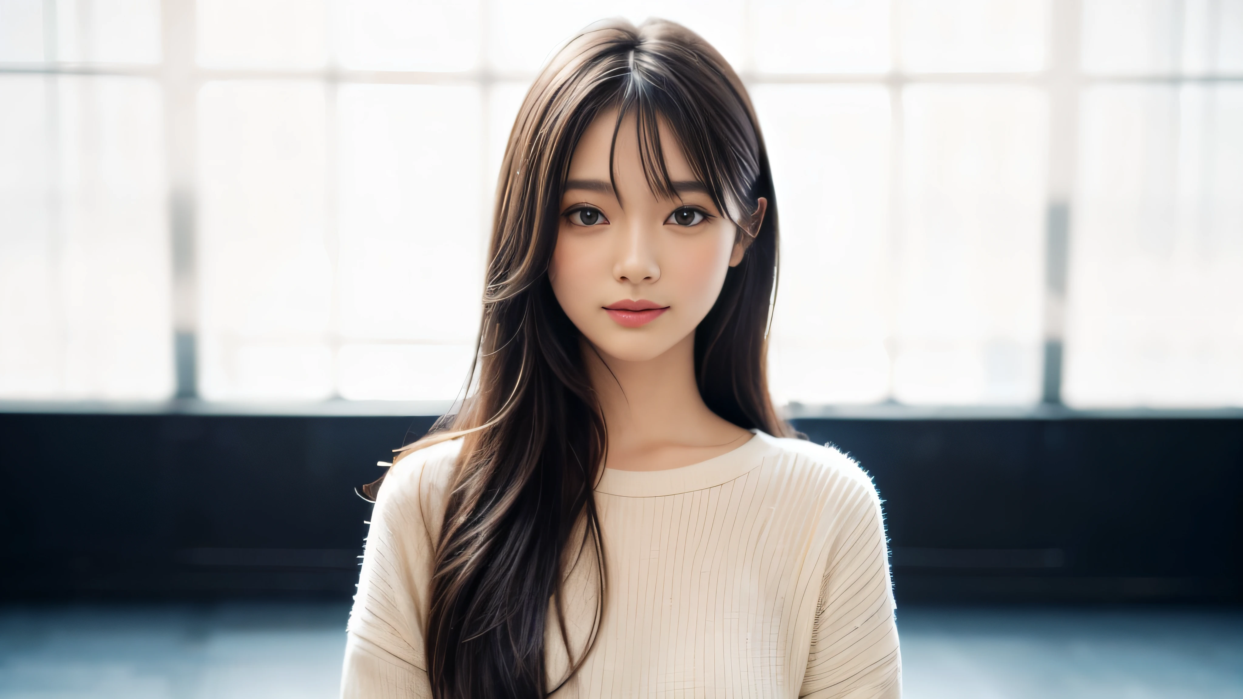 (Realistic: 1.4), (highest quality: 1.4), (Fine grain), Full body shot, ((Blur the background)), ((Watching the audience)), ((1 female college student)), Black wavy hair, ((Plain clothes with little exposure)), Wide eyes, Blushed face, ((smile)), ((White background)), Highly detailed face and skin texture, Healthy Skin, 8k resolution