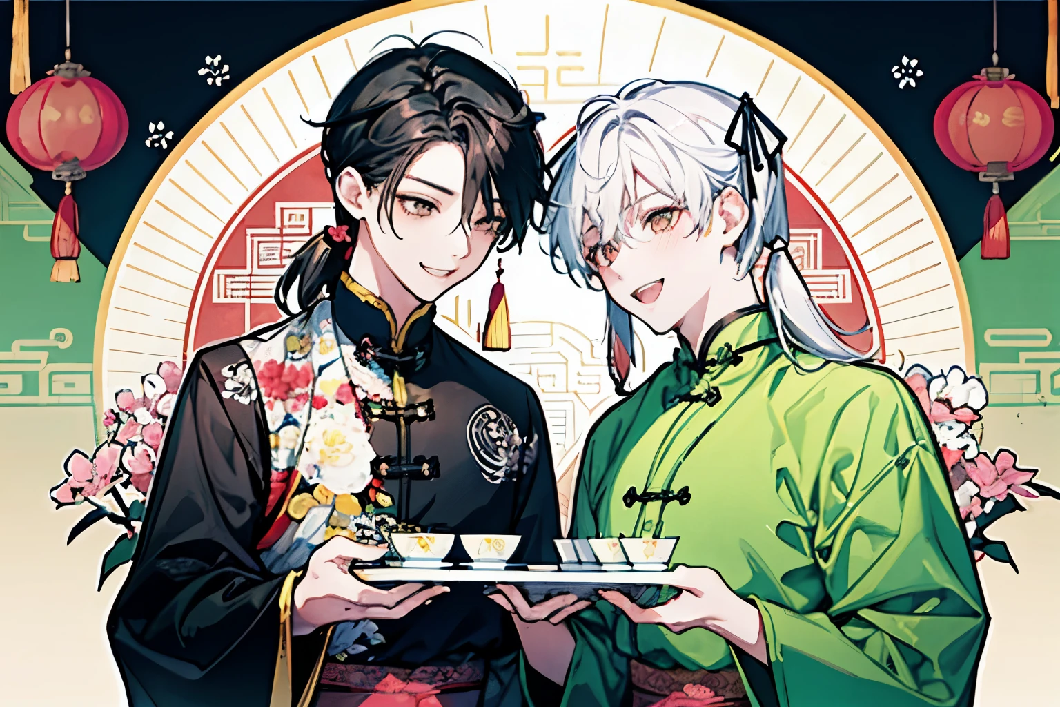 ((Two Boys)),Kaminarimon pattern background,(Chinese cuisine),(During meals),smile,looks fun,Black Hair,(Long side ponytail:1.3),Pink, white, yellow and light green