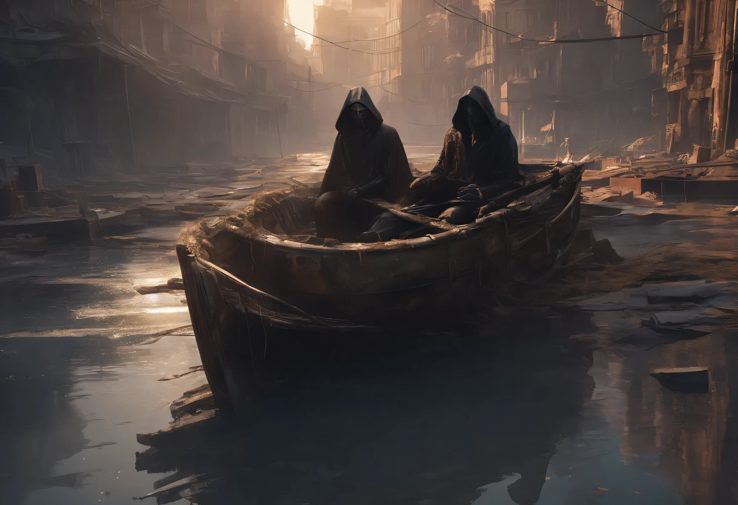 Two human with cloak floating in dirty boat, dark city background, cinematic angle, realistic texture, correct anatomy, perfect body shape, dynamic highlight and shadow, ultra detailling, 32K