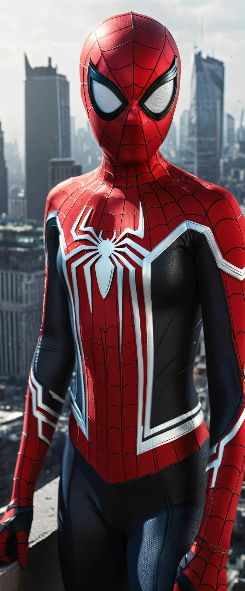 (1girl:1.3), Solo, (((Very detailed face)))), ((Very detailed eyes and face)))), Beautiful detail eyes, Body parts__, Official art, Unified 8k wallpaper, Super detailed, beautiful and beautiful, beautiful, masterpiece, best quality, original, masterpiece, super fine photo, best quality, super high resolution, realistic realism, sunlight, full body portrait, amazing beauty, dynamic pose, delicate face, vibrant eyes, (from the front), She wears Spider-Man suit, red and black color scheme, spider, very detailed city roof background, rooftop, overlooking the city, detailed face, detailed complex busy background, messy, gorgeous, milky white, highly detailed skin, realistic skin details, visible pores, clear focus, volumetric fog, 8k uhd, DSLR, high quality, film grain, fair skin, photo realism, lomography, futuristic dystopian megalopolis, translucent