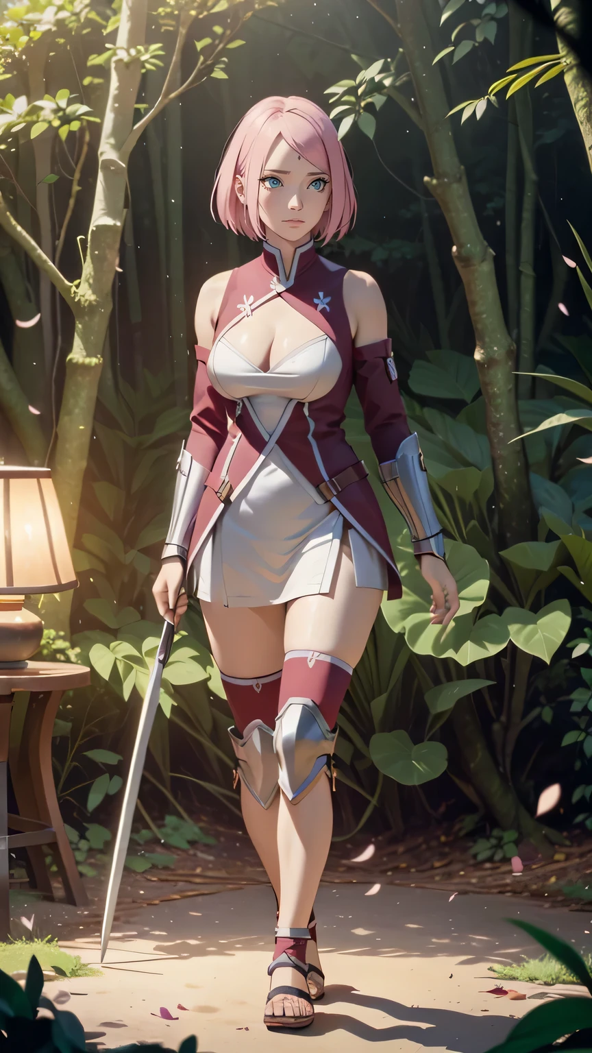 full body,wearing armor,warrior armor, ancient armor, sword, armor boots, Cherry blossom trees, cherry blossom petals, lavender field, masterpiece, (high detail:1 1), Rough face, Natural skin, high quality, Naruto Sakura，Pink hair, short detailed hair，Green eyes，（Big breasts:1.2 ），( smile:1.2），Face blush，（cleavage:1.4），Sexy figure, perfect bodies, beautiful eyes, (Detailed face and eyes), (face: 1 2), voices, Extra, real photo, ... ... ........... PSD, Lamp film photography, sharp focus, contrast lighting, Delicate skin, High definition 8K, incredible details, realistic, professional photo shooting, 8K UHD, SLR camera, soft lighting , high high quality, film grain, Fujifilm XT3, magic, particle FX, full body, forest, in the jungle