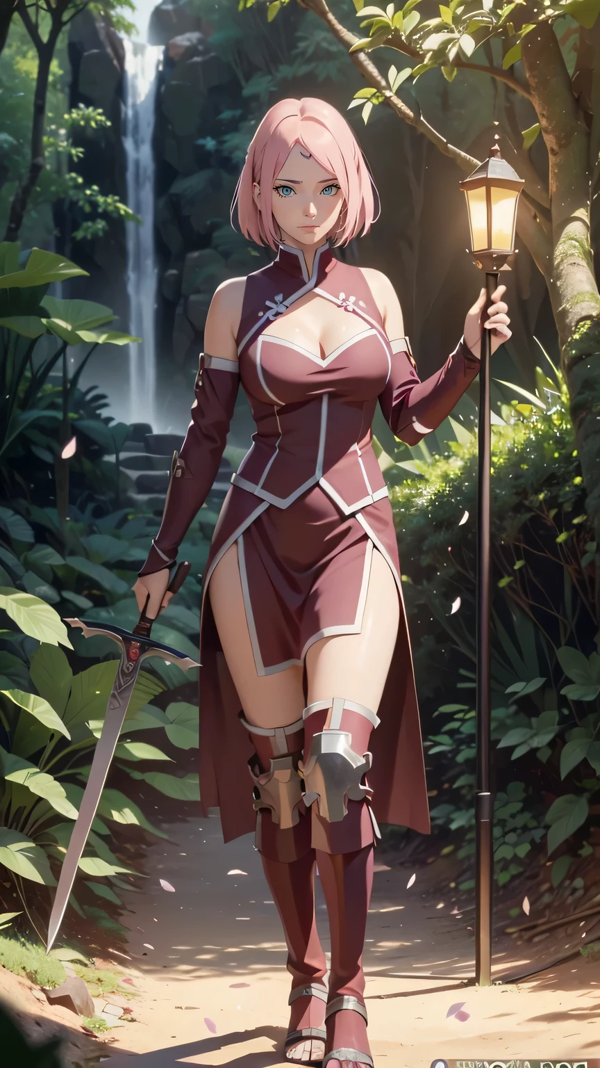 full body,wearing armor,warrior armor, ancient armor, sword, armor boots, Cherry blossom trees, cherry blossom petals, lavender field, masterpiece, (high detail:1 1), Rough face, Natural skin, high quality, Naruto Sakura,Pink hair, short detailed hair,Green eyes,(Big breasts:1.2 ),( smile:1.2),Face blush,(cleavage:1.4),Sexy figure, perfect bodies, beautiful eyes, (Detailed face and eyes), (face: 1 2), voices, Extra, real photo, ... ... ........... PSD, Lamp film photography, sharp focus, contrast lighting, Delicate skin, High definition 8K, incredible details, realistic, professional photo shooting, 8K UHD, SLR camera, soft lighting , high high quality, film grain, Fujifilm XT3, magic, particle FX, full body, forest, in the jungle