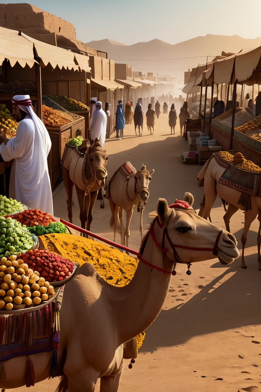 Arab traders in ancient Egypt, a vibrant scene at a desert market, camels passing by in the background, animated representation, cinematic style, 1:1 aspect ratio, capturing the essence of the bustling marketplace, intricately detailed traders with turbans and robes, sun-kissed faces, and expressive eyes, high-definition visuals, lifelike character designs, bold colors, and dynamic lighting, immersive and engaging animation. 8K resolution, 3840 x 2160 pixels, meticulously crafted for a cinematic experience.
