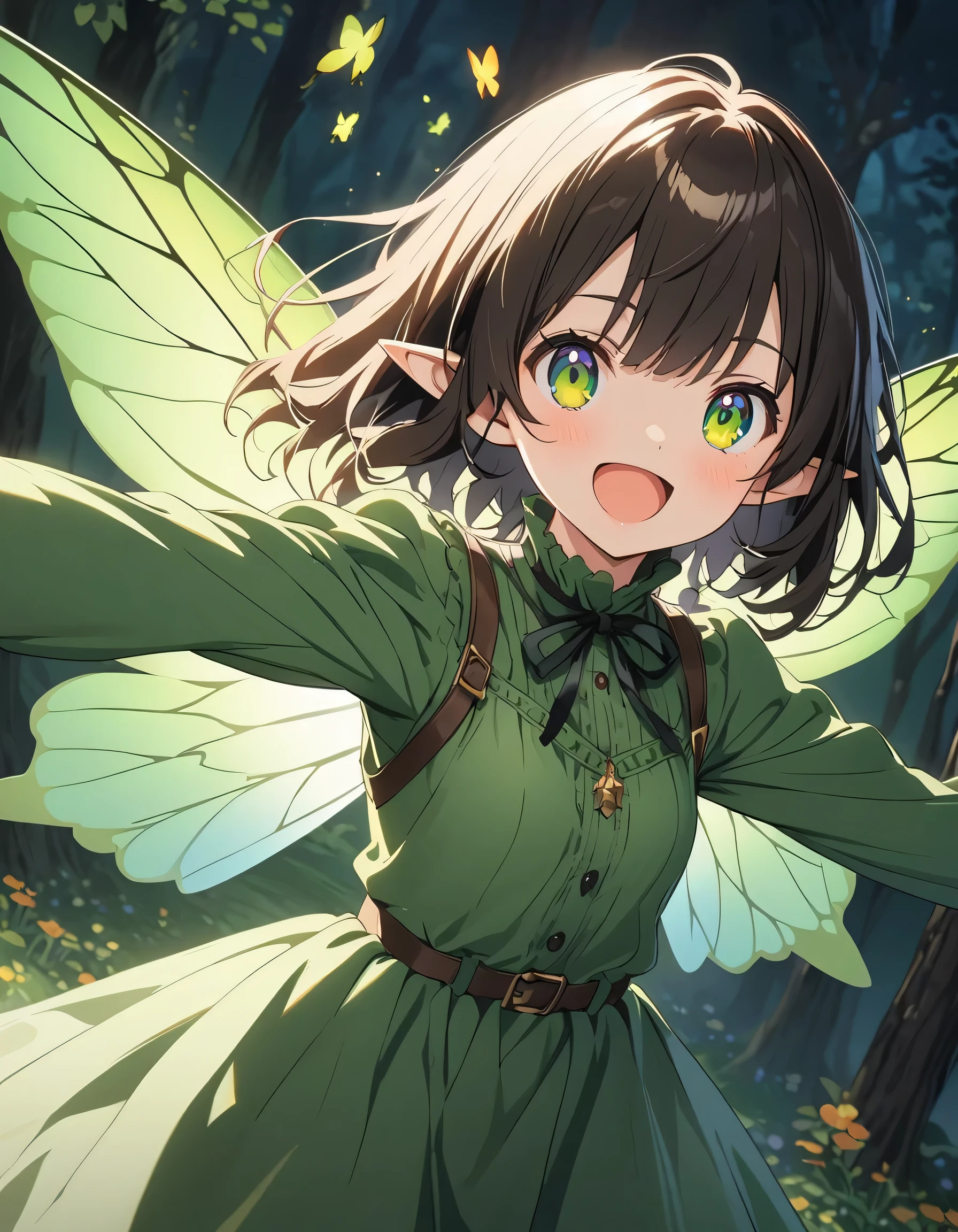 Anime girl in green and black costume on wings and green background, pixie character, fairy, forest fairy, insect trainer girl, brunette elf with fairy wings, pixie, cute 3d anime girl rendering, April rendering, fairy dance, open legs  、(highest quality、masterpiece、High resolution、detailed)、anime style、Flat Style、(Shining Eyes、Beautiful Face),  BREAK,extremely detailed(The Shining), Best lighting, Best Shadow、High saturation、Fantasy World、fly in the sky、Dynamic Angle、anime