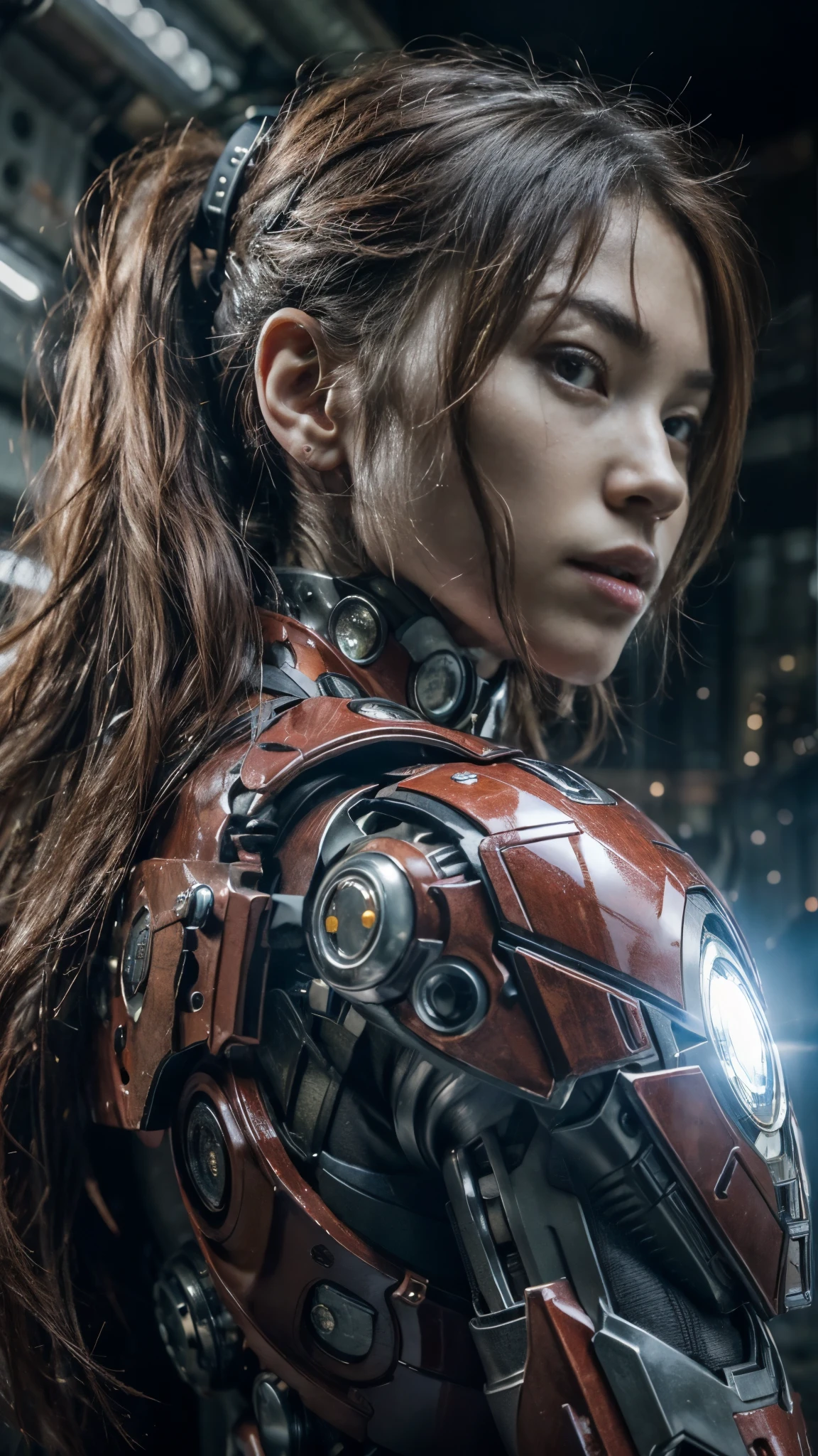 (Masterpiece, Best Quality, photorealestic:1.4), , (UHD, 8k wallpaper, High Resolution), japanese girl as a cyborg war mechine in a cyborg military armor (put a shield on her arm:1.3), dusty bodywork, messy red hair, beautiful face, very tight musculature, dynamic pose, sharp expression. Against the backgroind of a ruined New York City, dressed in red black cyborg military armor is like ironman suit, Oppressive atmosphere, postapocalypse, photon mapping