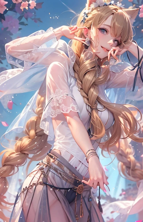 masterpiece、highest quality、High resolution、High-quality images、8k, 1 female、Skin Radiance、Texture of skin and clothing、Expression of fine eyes、shiny light brown hair,Girl with long braided hair, Manga inspired by Lee Jong-suk, Trending on deviantart, realism, detailed manga style, Manga art style, Perfect Line Drawing, Beautiful line art, digital manga art girl, K-POPアイドル, one piece,Large Breasts,Beautiful light blue eyes, Lips become thicker, Gorgeous face with attention to detail, (Cute Smile), charm, Innocent, Side view, (Perfectly detailed face), (Beautiful Hands) Photorealistic images, Written boundary depth, Princess Hairstyles, Dog ears ，one piece , Romanticism ,