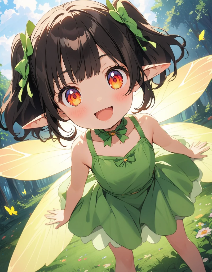 Anime girl in green and black costume on wings and green background, pixie character, fairy, forest fairy, insect trainer girl, brunette elf with fairy wings, pixie, cute 3d anime girl rendering, April rendering, fairy dance, open legs 、(highest quality、masterpiece、High resolution、detailed)、animeスタイル、Flat Style、(Shining Eyes、detailed美しい顔), BREAK,extremely detailed(The Shining), Best lighting, Best Shadow、High saturation、Fantasy World、(Flying in the sky)、Dynamic Angle、anime