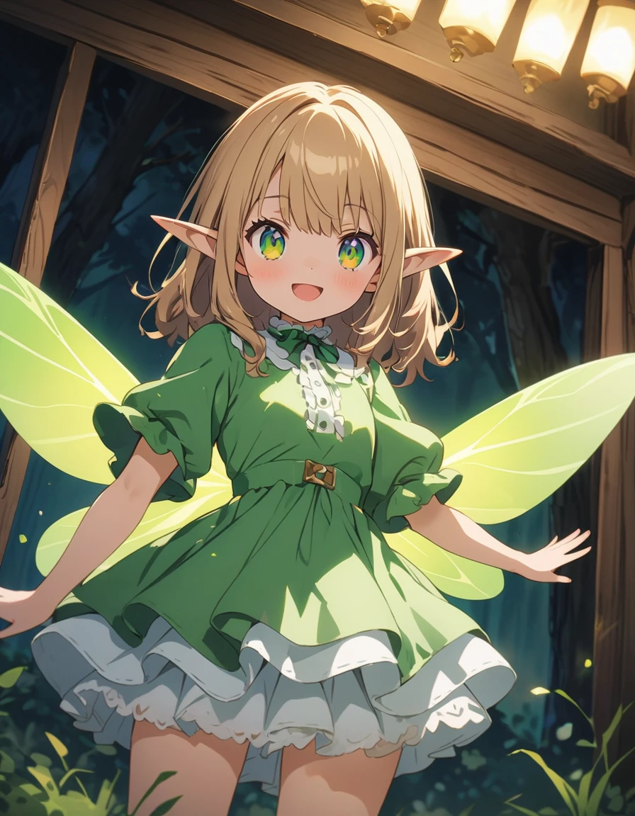 Anime girl in green and black costume on wings and green background, pixie character, fairy, forest fairy, insect trainer girl, brunette elf with fairy wings, pixie, cute 3d anime girl rendering, April rendering, fairy dance, open legs  、(highest quality、masterpiece、High resolution、detailed)、animeスタイル、Flat Style、(Shining Eyes、detailed美しい顔),  BREAK,extremely detailed(The Shining), Best lighting, Best Shadow、High saturation、Fantasy World、(Flying in the sky)、Dynamic Angle、anime