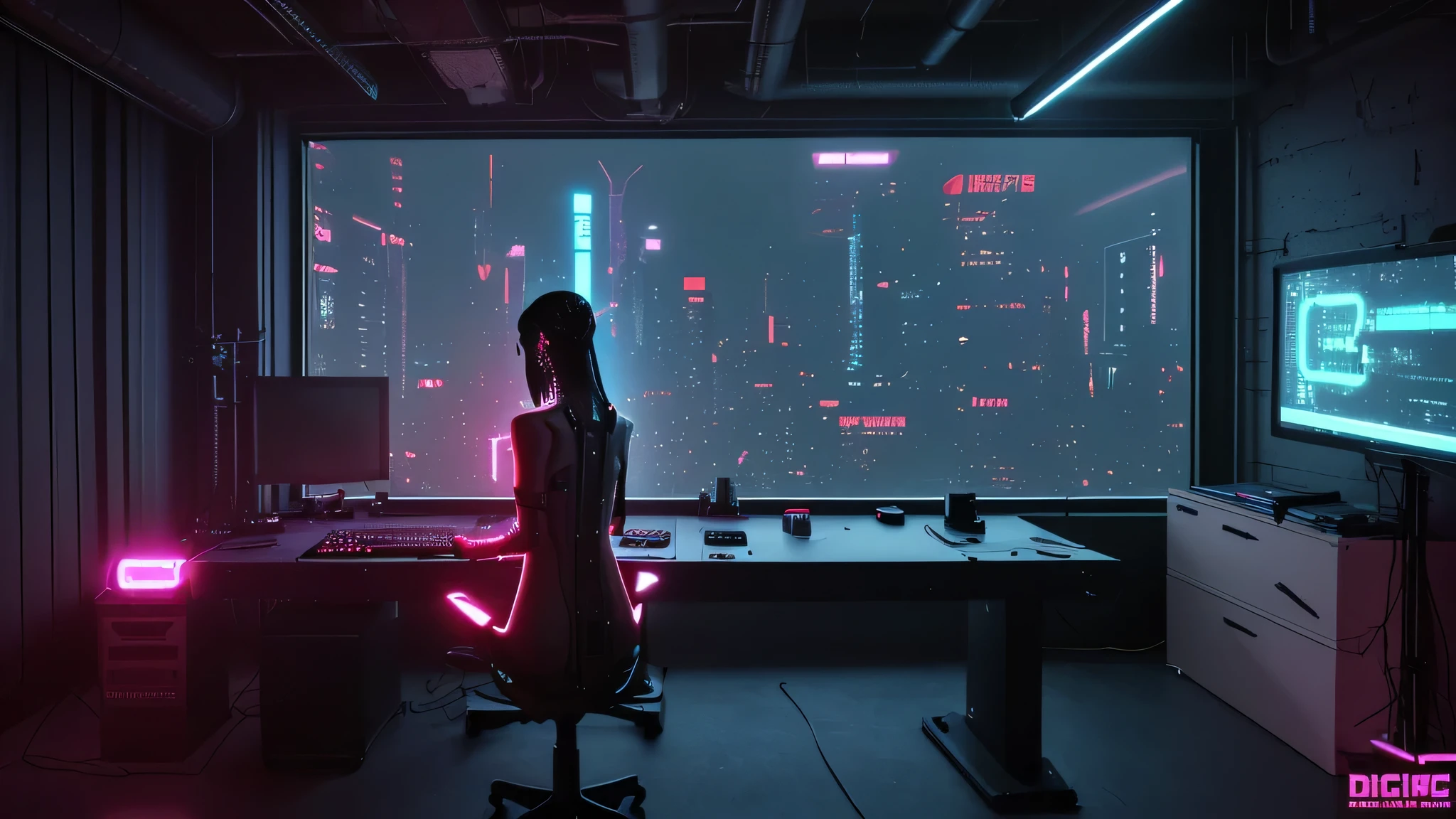 Realistic neon studio setup in the room,Cyberpunk Background,Front view,There is a large window behind the figure,There is also a desk.