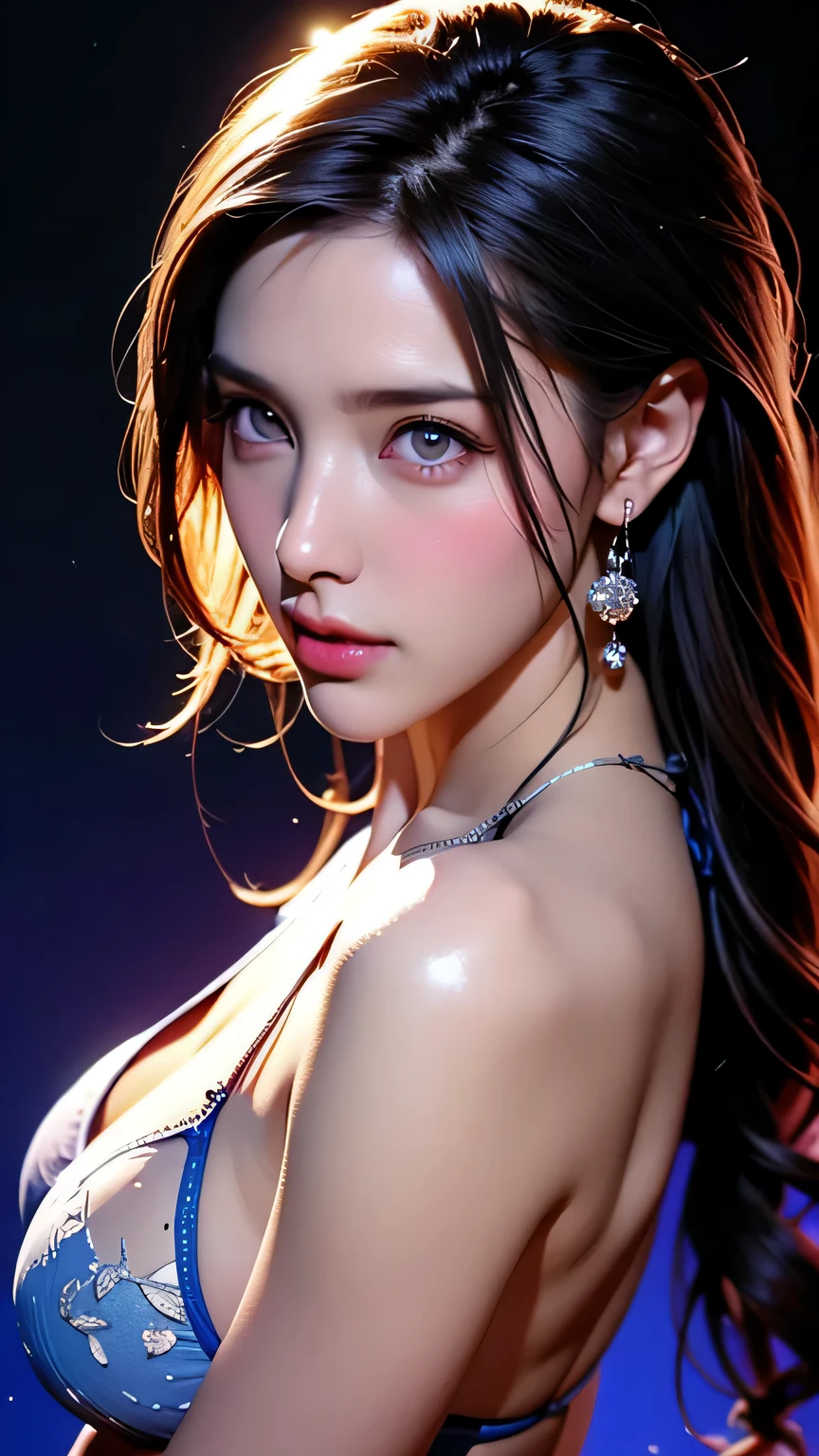 Best Quality, Tabletop, (Real: 1.2), 1 Girl, Detailed Face, Beautiful Eyes, (Tabletop: 1.2, Best Quality), (Detailed Beautiful Eyes: 1.2), (Highly Detailed CG Uni 8k Wallpaper, Tabletop, best) quality, very detailed, best shadows), (detailed background), (beautiful detailed face, detailed and beautiful eyes), high contrast, (best lighting, very delicate and beautiful), girl 1 person, big breasts, cleavage, ((colorful paint splatters isolated on transparent background), Dulux, )), dynamic angle, beautiful and delicate shine, full body, cowboy shot, long black hair, blue eyes, Oily skin, shiny skin, shiny skin with oil, sexy bikini, front view, erotic body, top quality, tabletop, (realistic: 1.2), lotus flower, intense, night sky, starry sky, very detailed, Ultra-high resolution, ultra-high image quality,