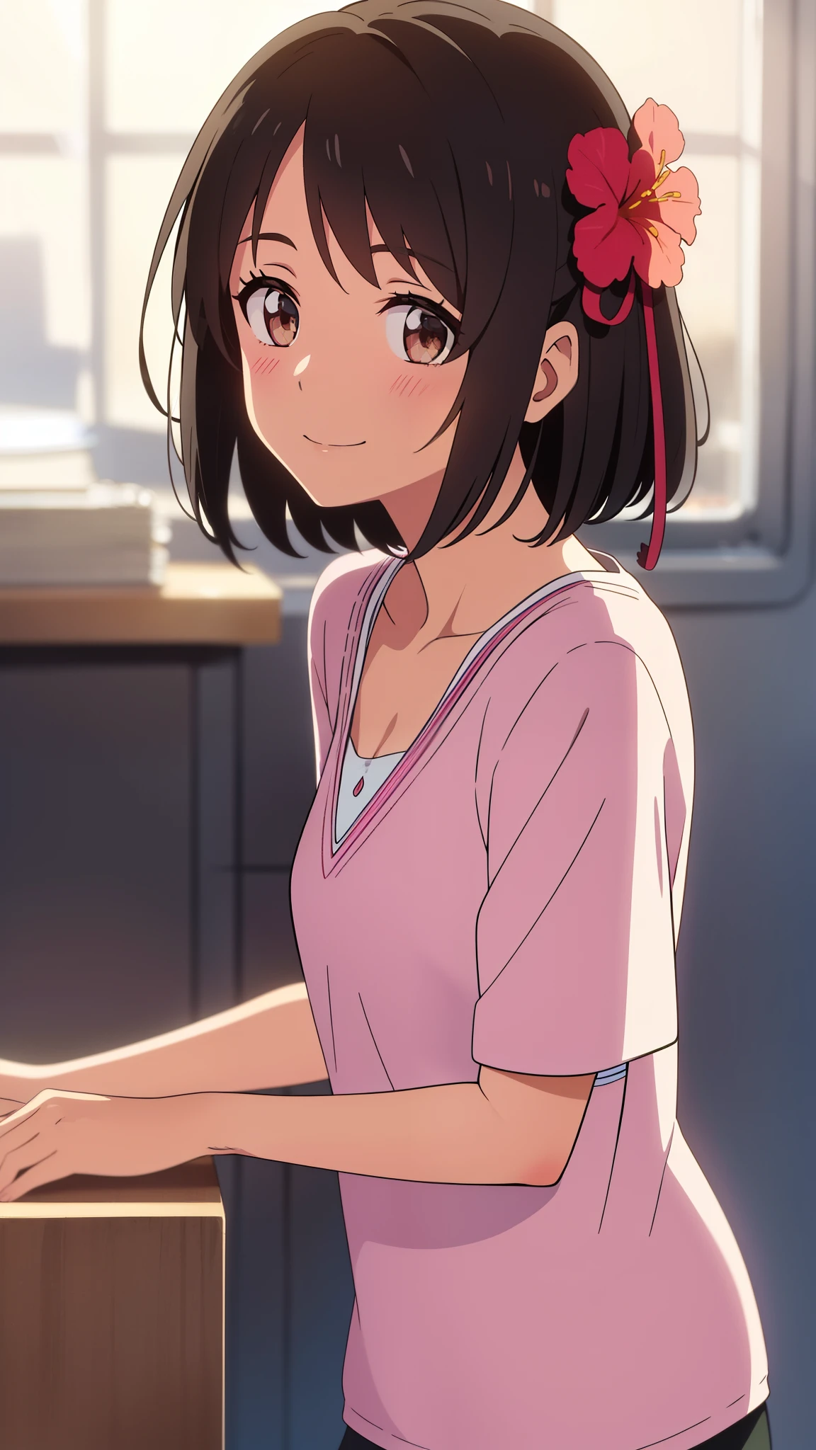 shinkai makoto, kimi no na wa., 1girl, miyamizu_mitsuha, bangs, black hair, short hair, shinny hair, ornament in hair, blush, round eyes, bright eyes, brown eyes, red headband, red bow, red ribbon, smile, cute, beautiful, shiny skin, looking at the viewer, solo, cute girl, chemise dress, hibiscus ornament in hair, flower background